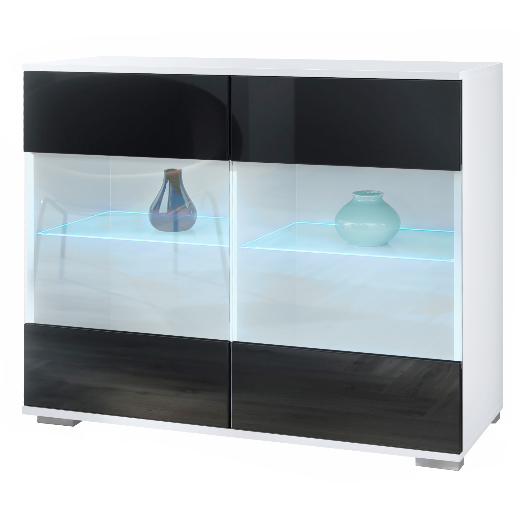 Bari V3 Kommode Weiß + LED mit 2 großen Glastüren inkl. RGB Beleuchtung Weiß matt / Schwarz Hochglanz (92,5 x 75.5 x 35)
