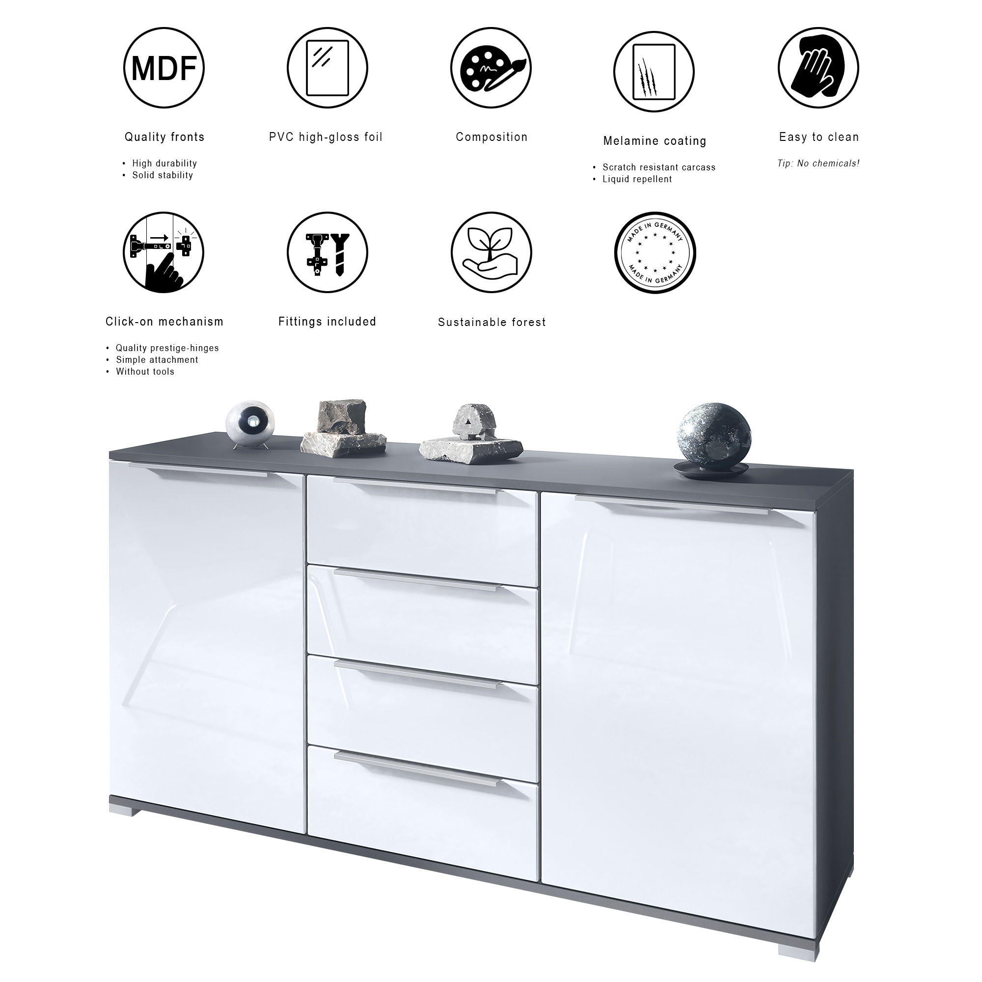 Linio V1 Sideboard Anthrazit mit 2 Türen und 4 Schubladen Anthrazit matt/Graphit Seidenmatt (138,5 x 75,5 x 35 cm)