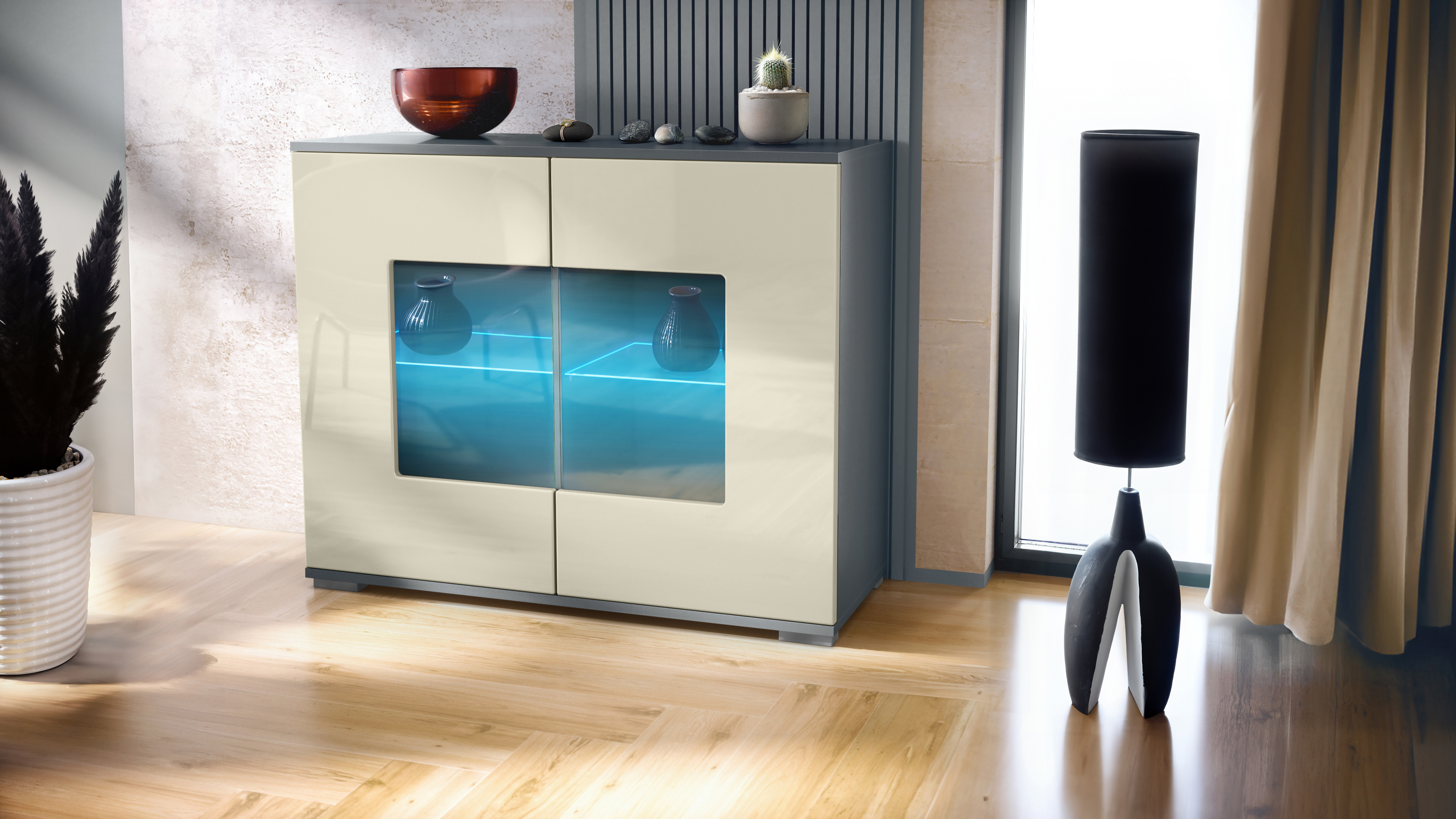 Grömitz V3 Kommode Anthrazit + LED mit 2 großen Glastüren inkl. RGB Beleuchtung Anthrazit matt / Creme Hochglanz (92,5 x 75.5 x 35)