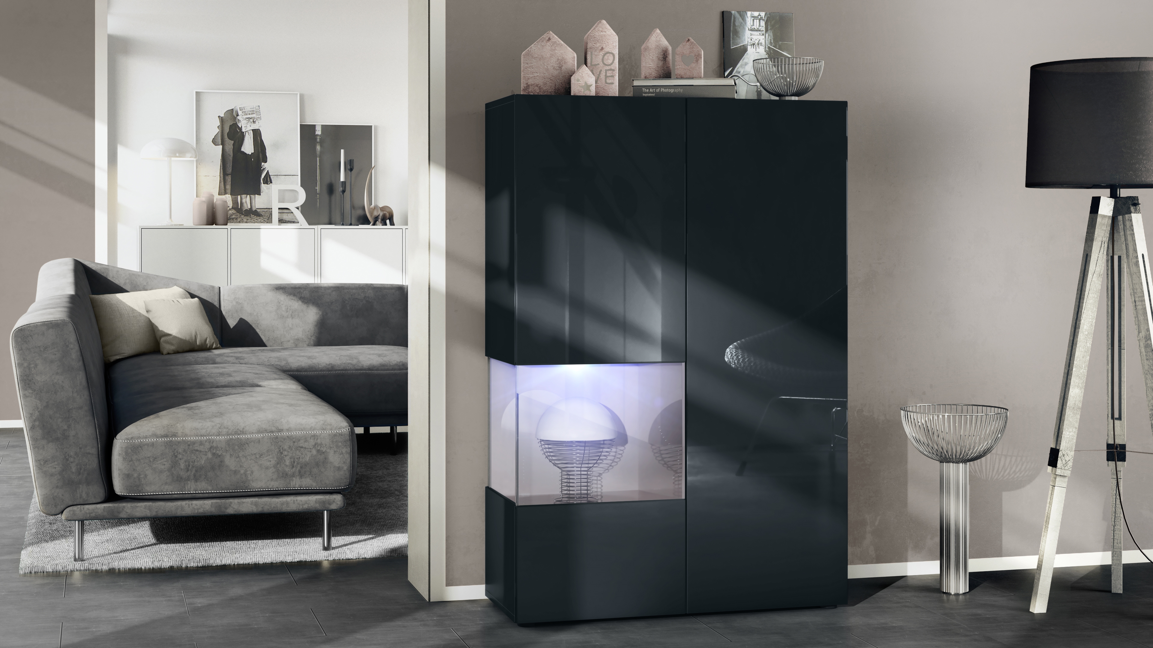​Vitrine Morena V2 mit 2 Türen und Glaseinsatz inkl. LED-Beleuchtung Schwarz matt/Schwarz Hochglanz/Sandgrau Hochglanz(91,5 x 136,5 x 37 cm)