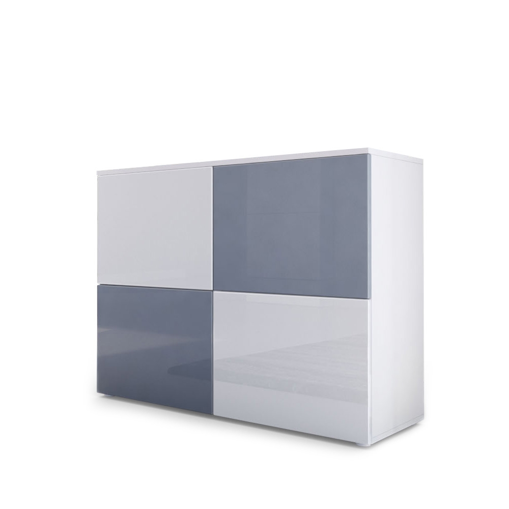 Kommode Rova mit 4 Türen Weiß matt/Weiß-Grau Hochglanz (92 x 72 x 35 cm)