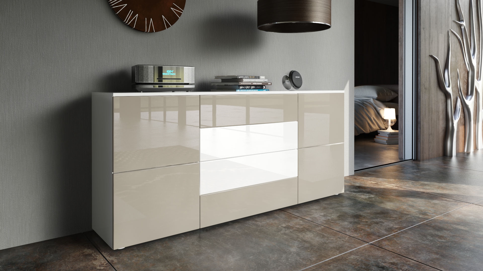 Sideboard Rova mit 4 Türen und 4 Schubladen Weiß matt/Sandgrau Hochglanz/Weiß Hochglanz (166 x 72 x 35 cm)