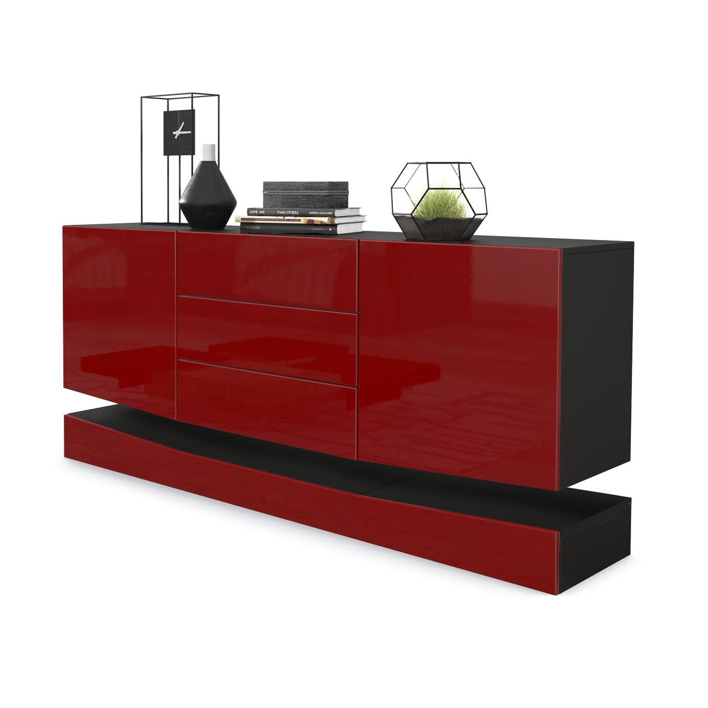 Sideboard City  mit 2 Türen und 3 Schubladen Schwarz matt/Bordeaux Hochglanz (178 x 72 x 38 cm)