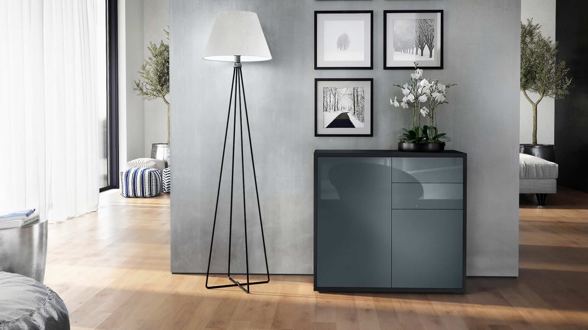 Kommode Ben  mit 2 Türen und 2 Schubladen Schwarz matt/Grau Hochglanz (79 x 74 x 36 cm)