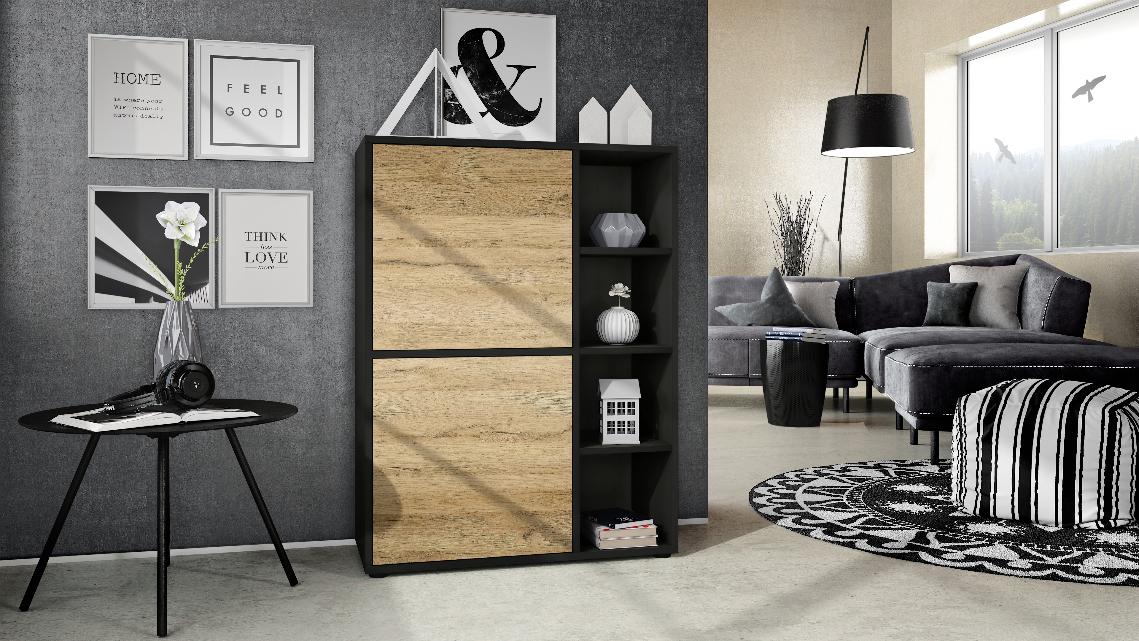 Highboard Cuba  mit 2 Türen und 4 offene Fächer Schwarz matt/Eiche Natur (79 x 105,5 x 35,5 cm)