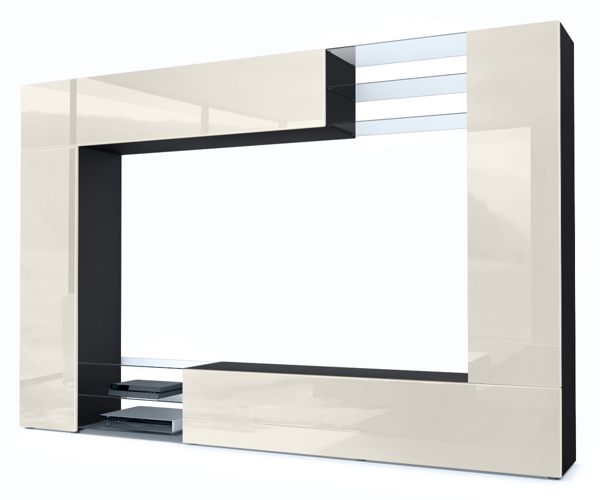 Wohnwand Mirage 2 Klappen und 6 offenen Glasablagen Schwarz matt/Creme Hochglanz (262 x 183 x 39 cm)
