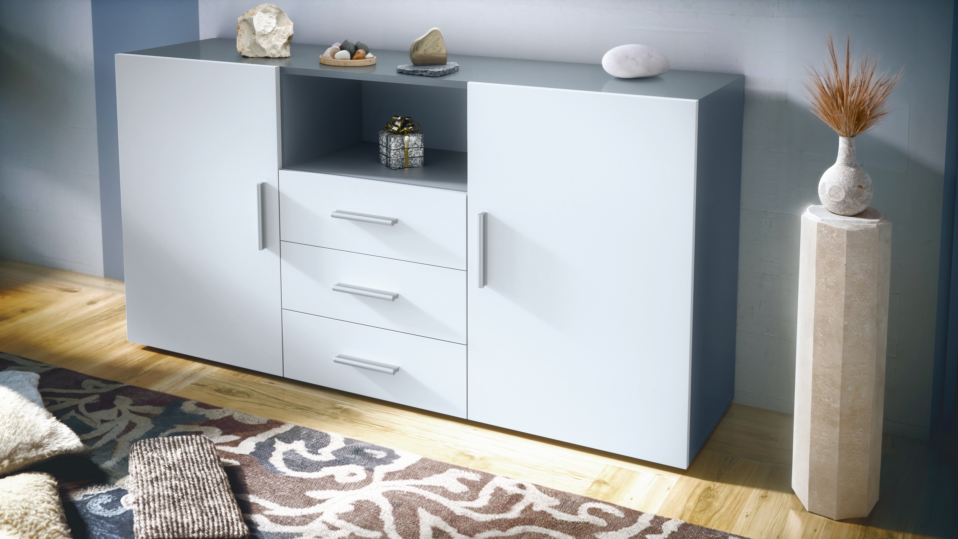 Skadu Sideboard Anthrazit mit 2 Türen, 3 Schubladen und 1 offenem Fach Anthrazit matt/Weiß matt (138,5 x 71,5 x 35 cm)