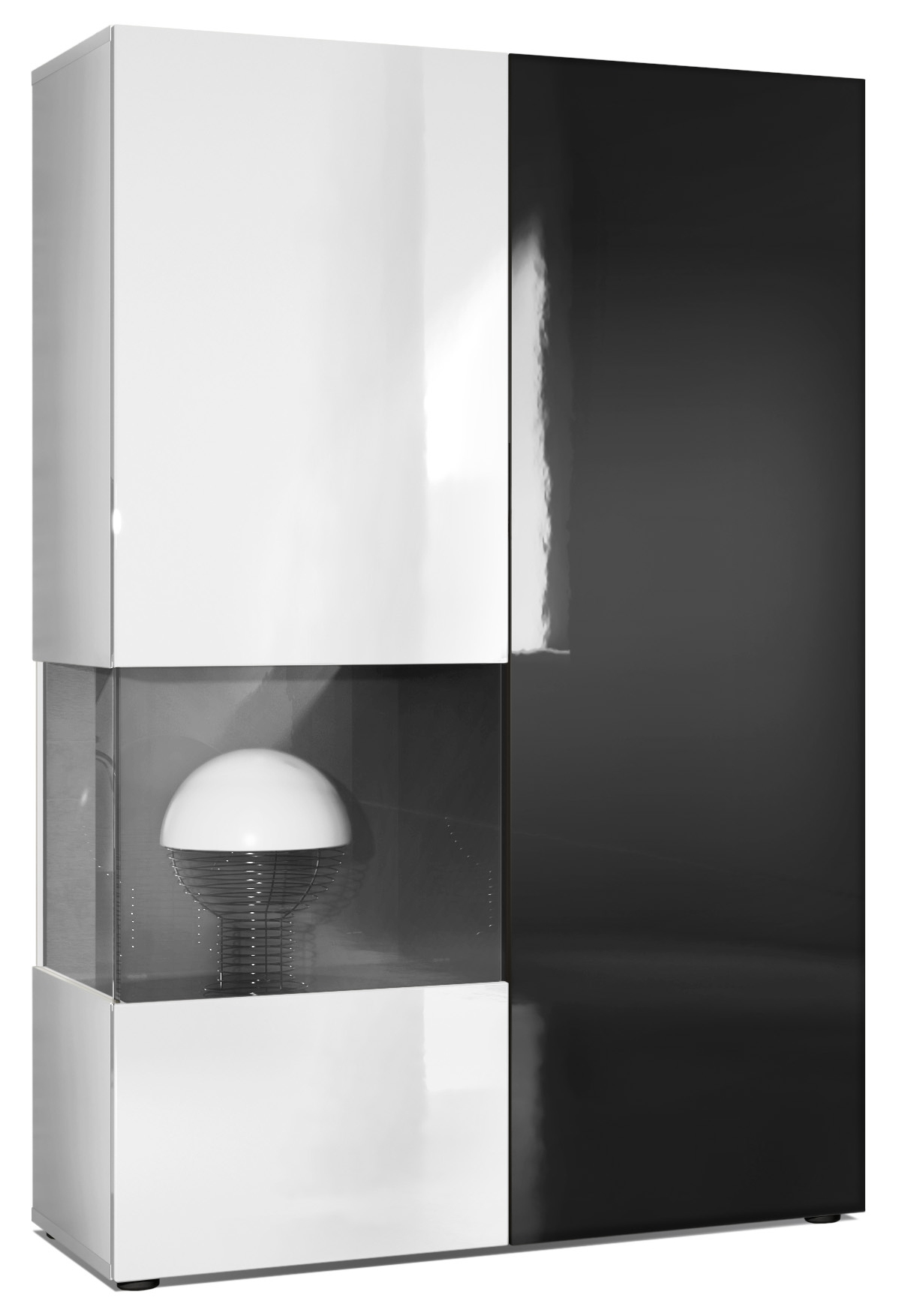 Vitrine Morena  mit 2 Türen dahinter ingesamt 7 Fächer Weiß matt/Weiß Hochglanz/Schwarz Hochglanz (92 x 135 x 37 cm)