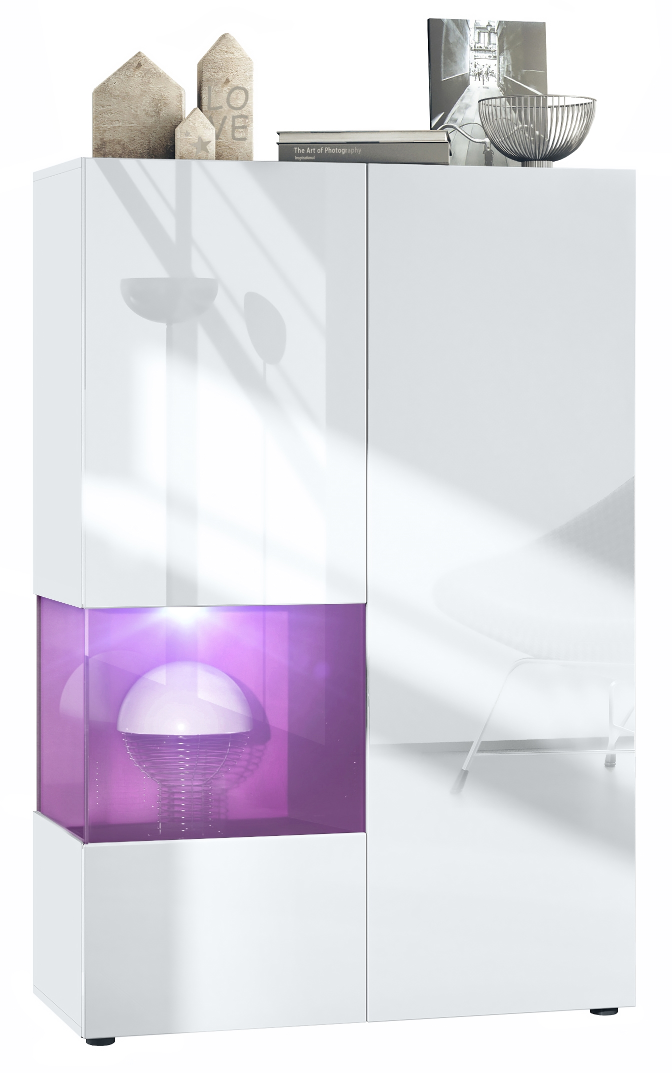 Vitrine Morena V2 mit 2 Türen und Glaseinsatz inkl. LED-Beleuchtung Weiß matt/Weiß Hochglanz/Brombeer Hochglanz (91,5 x 136,5 x 37 cm)