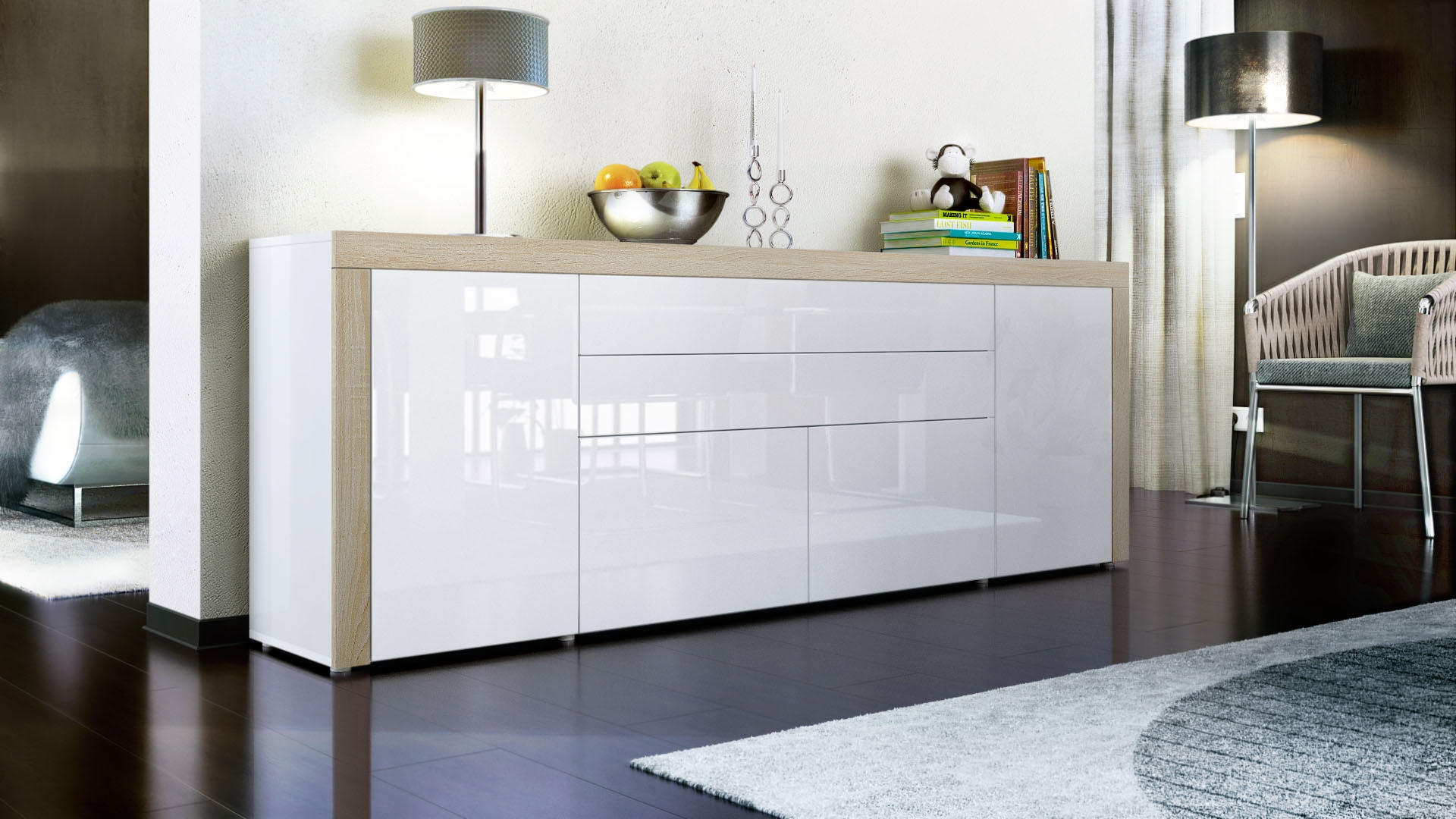 Sideboard La Paz V2 mit 2 Türen, 2 Schubkästen und 2 Klappen Weiß Hochglanz/Eiche sägerau (200 x 72 x 35 cm)