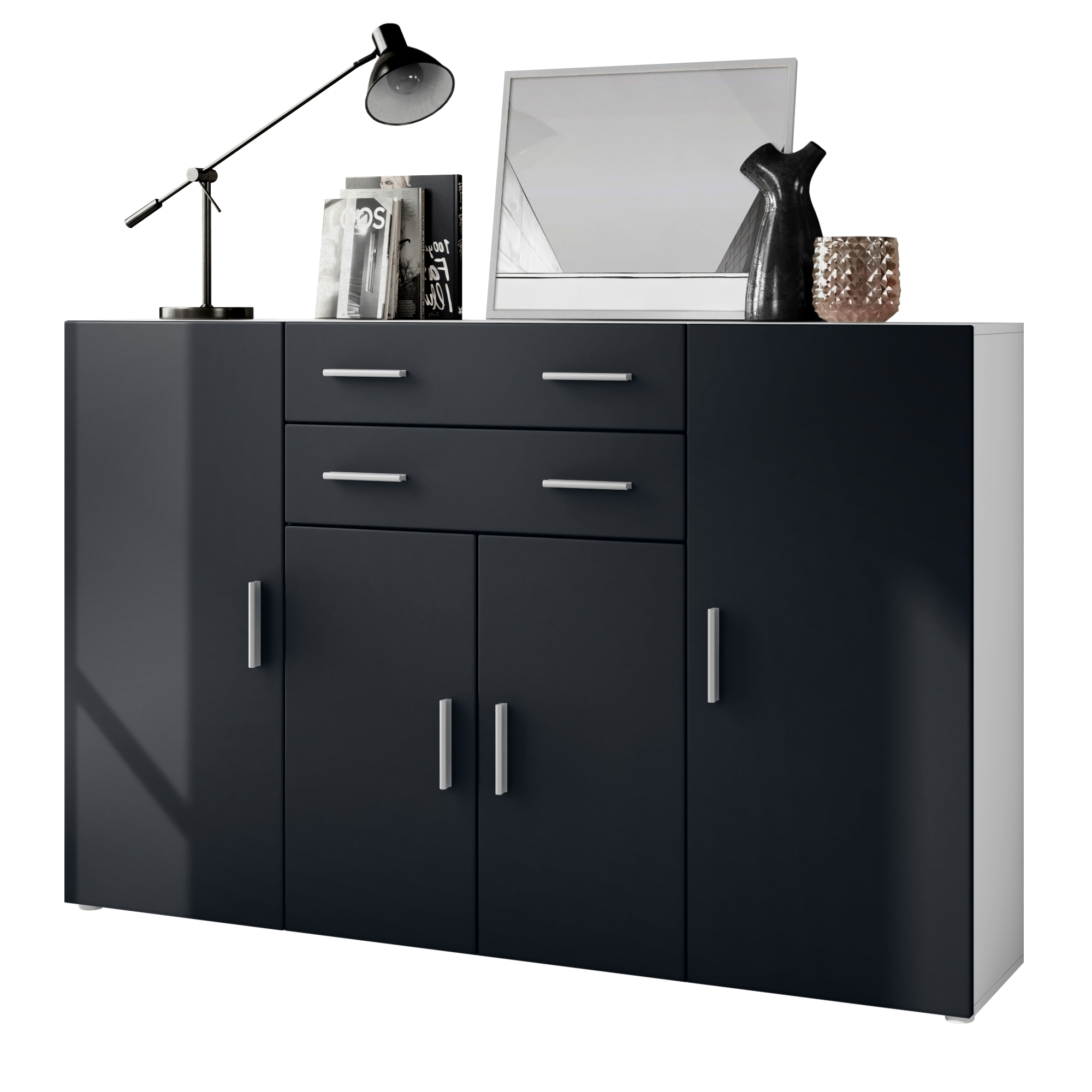 Highboard Aron  mit 4 Türen und 2 Schubladen Weiß matt/Schwarz matt (166,5 x 106,5 x 35 cm)