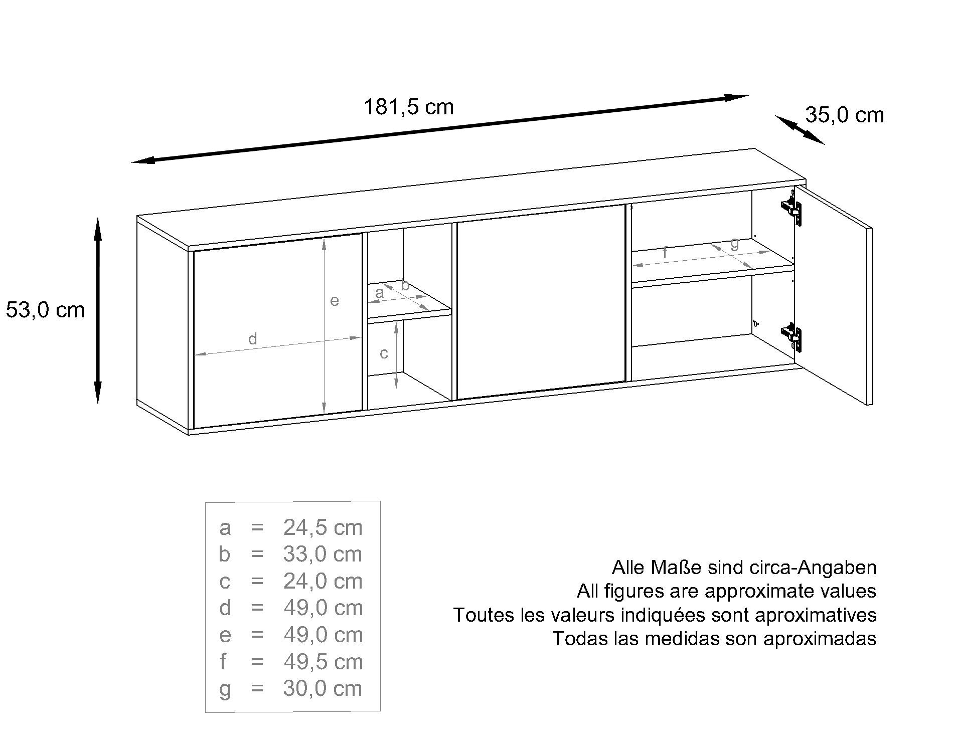 Sideboard Cuba  mit 3 Türen und 2 offene Fächer Schwarz matt/Avola-Anthrazit (182 x 53 x 35 cm)