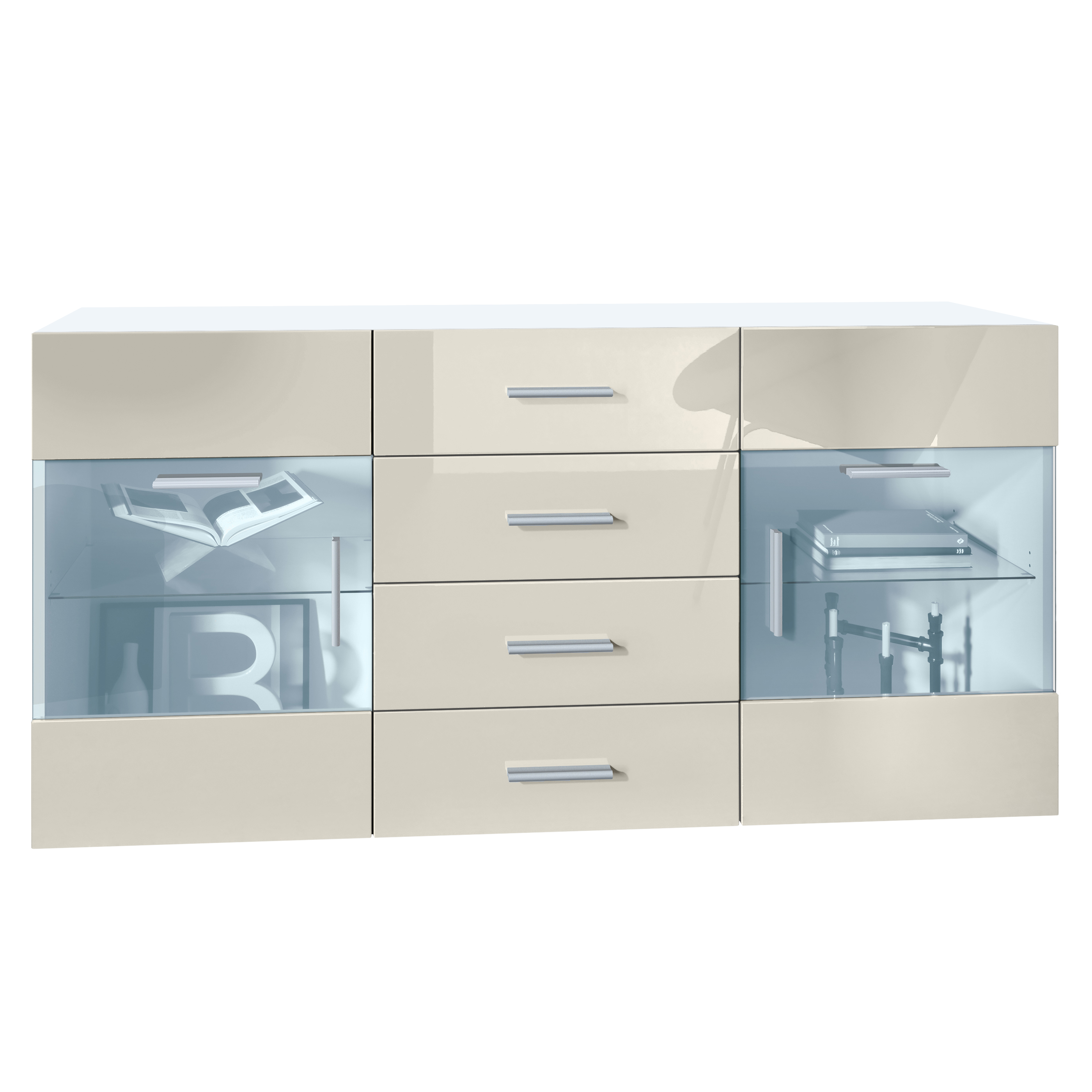 Sideboard Bari V1 ​ 4 Schubladen und 2 flexible Glaseinlegeböden Weiß matt/Creme Hochglanz (139 x 72 x 35)