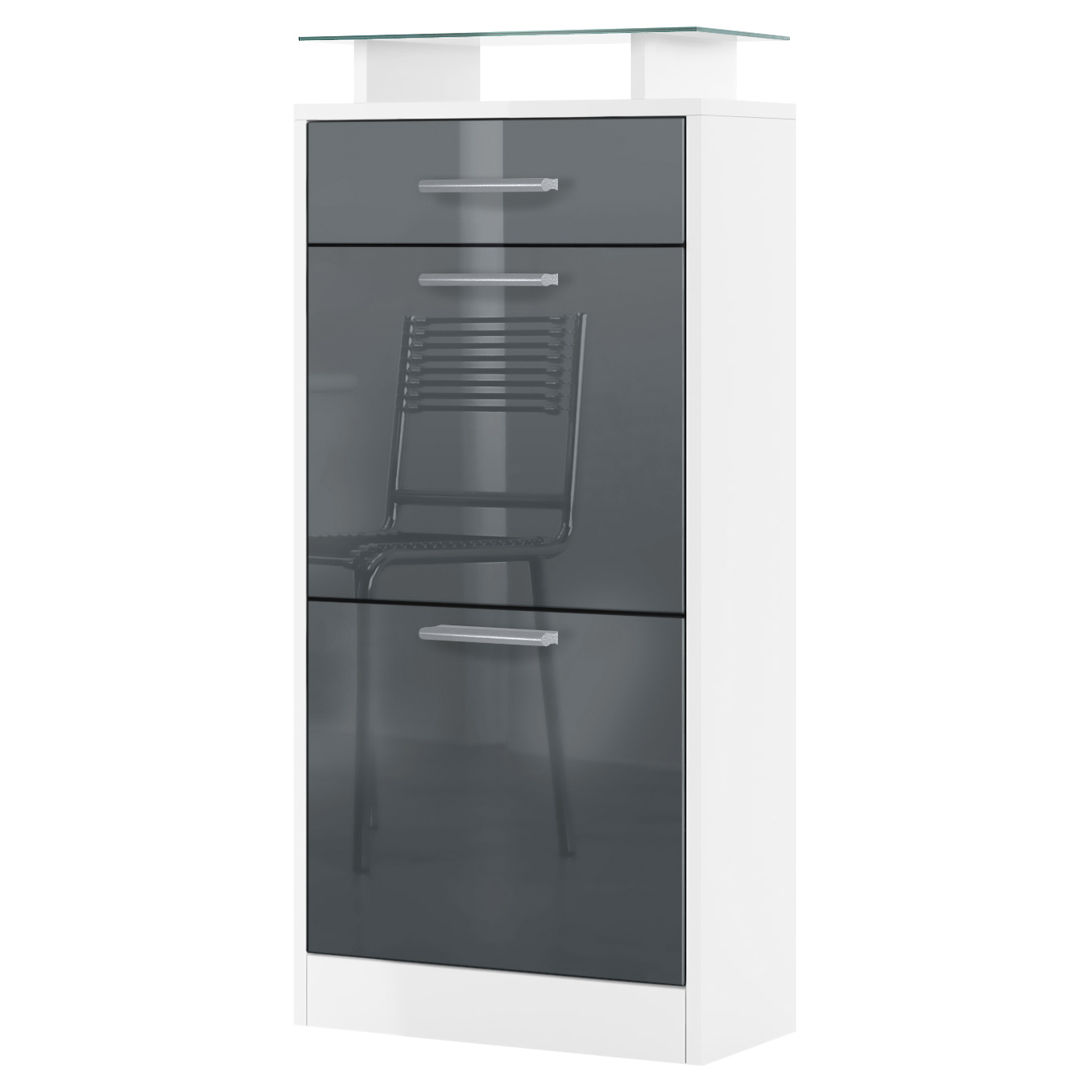 Schuhschrank Loret V2 mit 2 Klappen, 1 Schublade und Glasablage Weiß matt/Grau Hochglanz (46 x 104 x 23 cm)