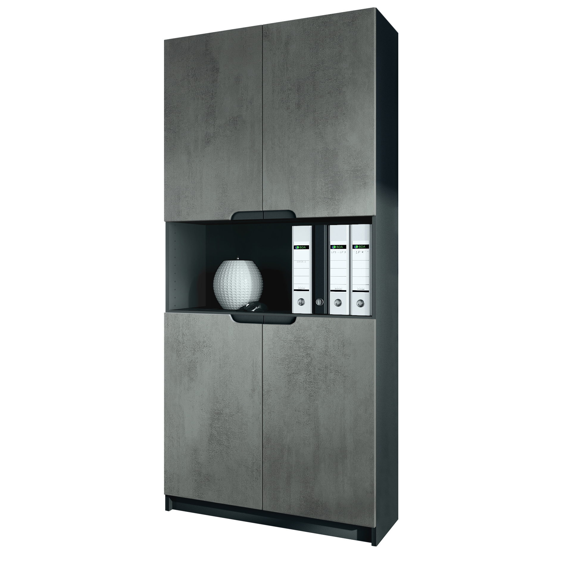 Büroschrank Logan V2  mit 5 Fächern und 4 Türen Schwarz matt/Beton Dunkel Optik (82 x 184 x 37 cm)