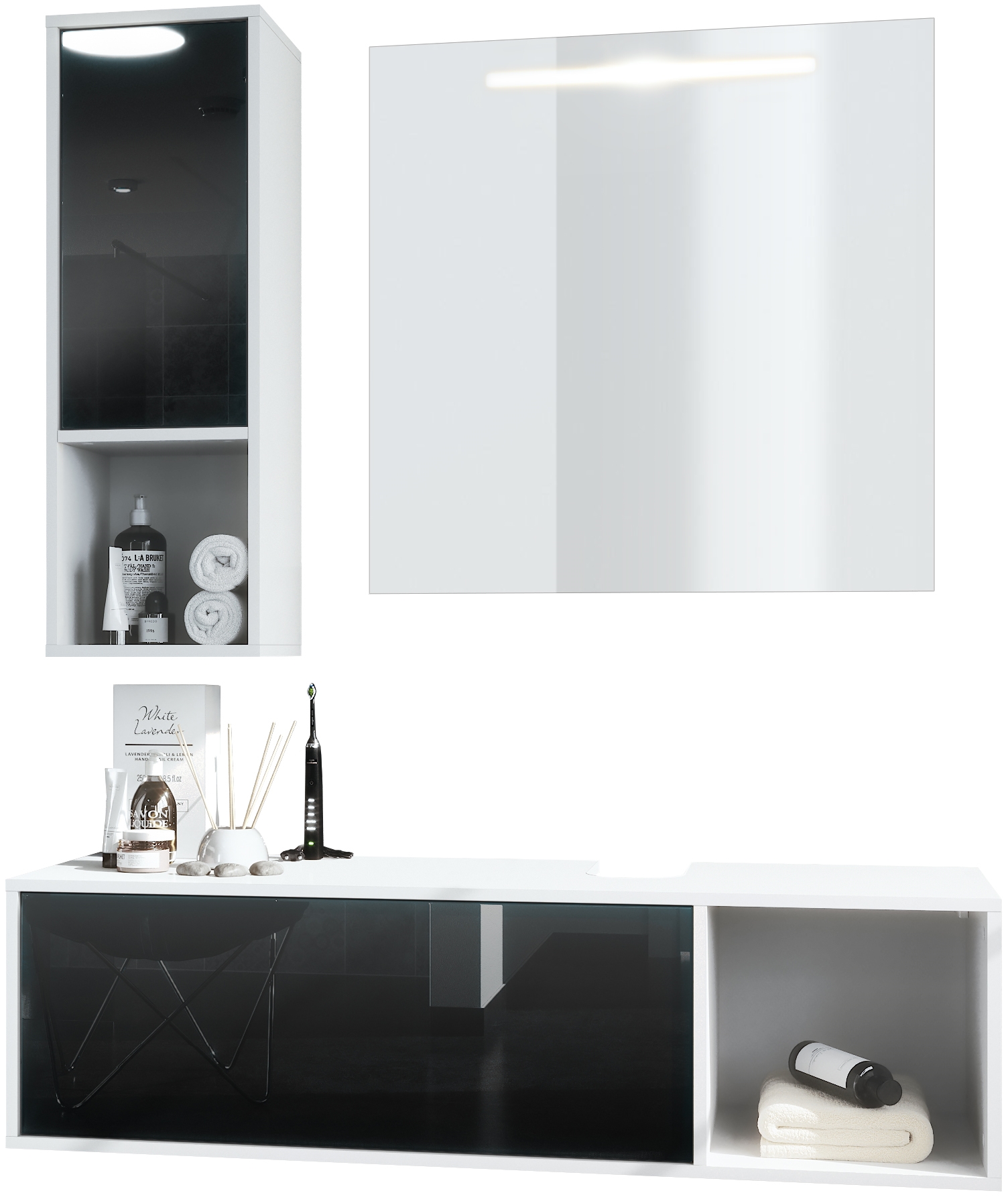 Badmöbel-Set La Costa 1 Unterschrank und 1 LED-Spiegel Korpus Weiß matt/Fronten Schwarz Hochglanz (‎126,5 x 195 x 46 cm)
