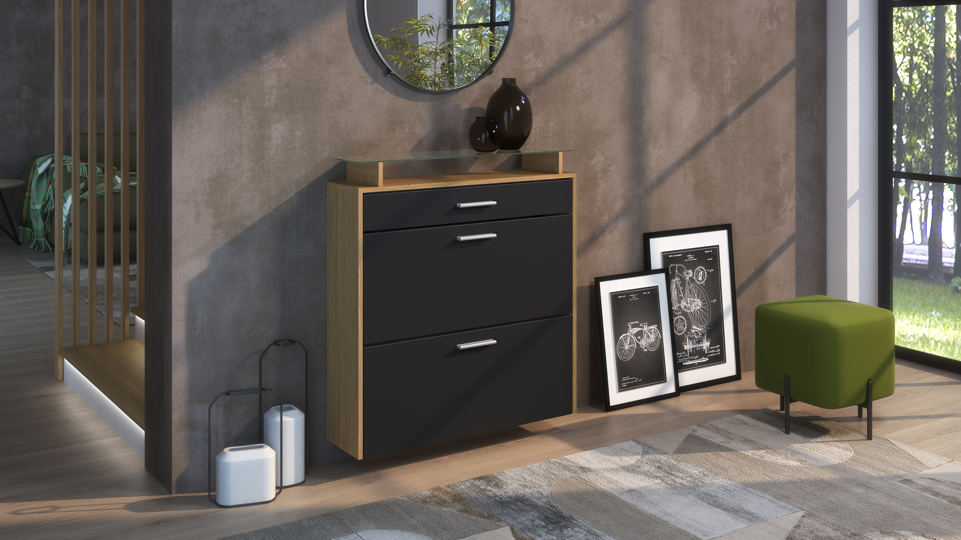 Schuhschrank Malea mit 1 Schublade und Glasablage Schuhregal in Eiche Skandi / Schwarz matt (89 x 95,5 x 23 cm)