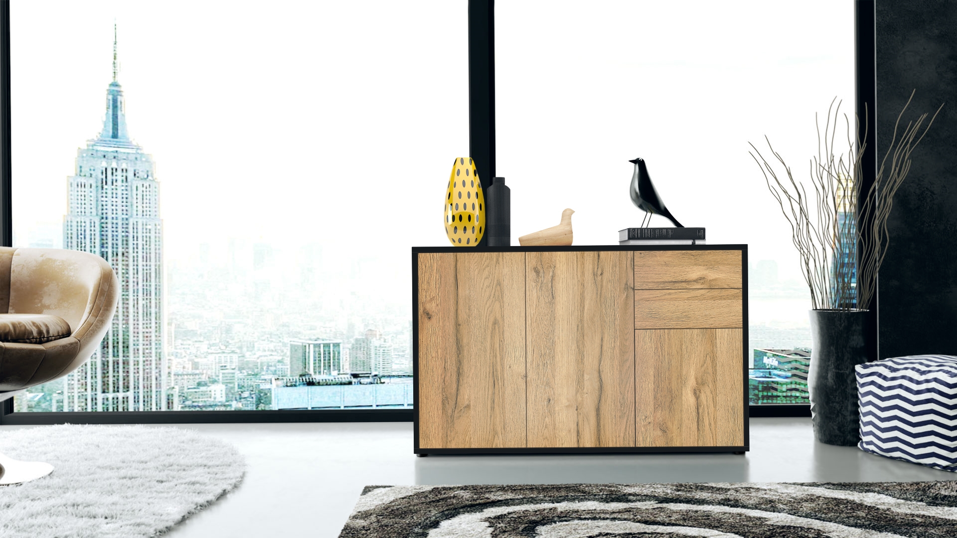 Kommode Ben V3  mit 3 Türen und 2 Schubladen Schwarz matt/Eiche Natur (117 x 74 x 36 cm)