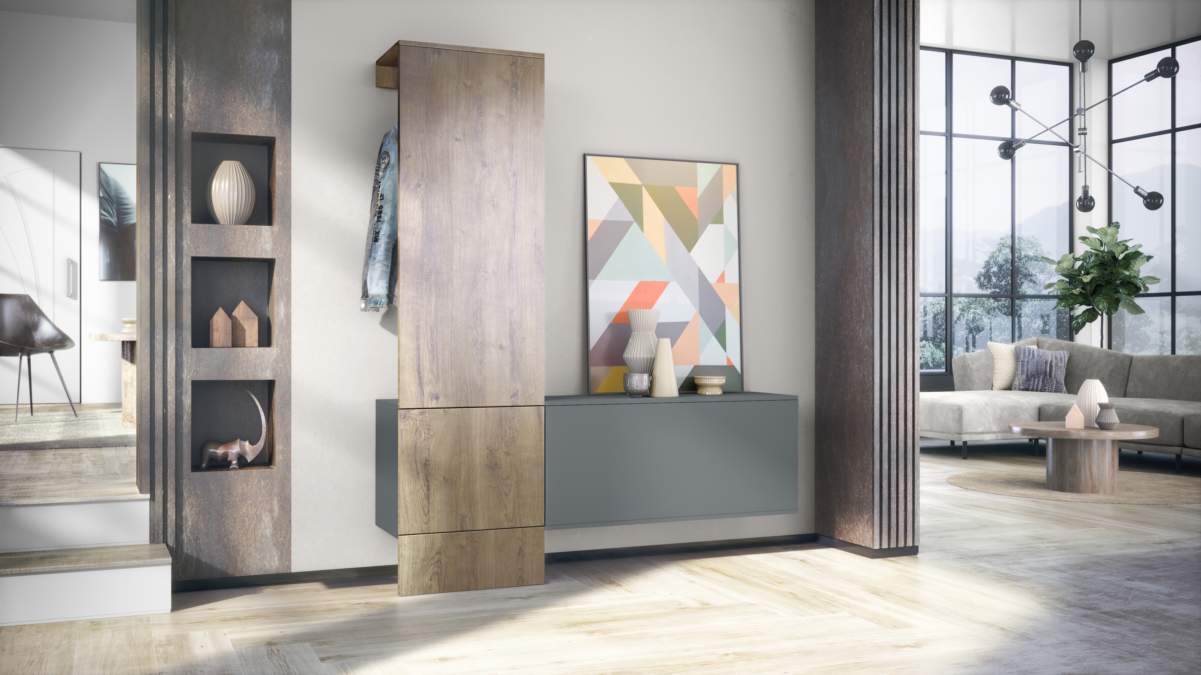 Garderobe Carlton Set 4 Anthrazit 3-tlg. 1 Paneel und 1 Schrankmodul Anthrazit matt/Eiche Ribbeck (156,5 x 193 x 35 cm)