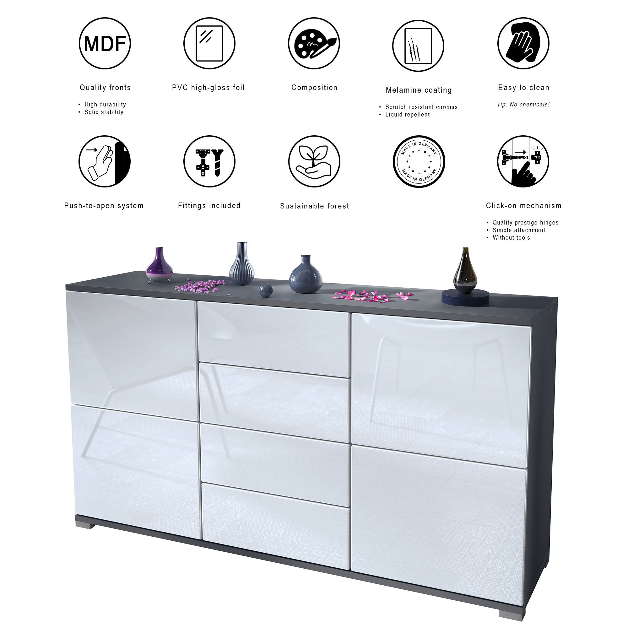 Sideboard Rova V1 4 Schubladen, Made in Germany, Anthrazit matt/Eiche Wotan (138,5 x 75,5 x 35)