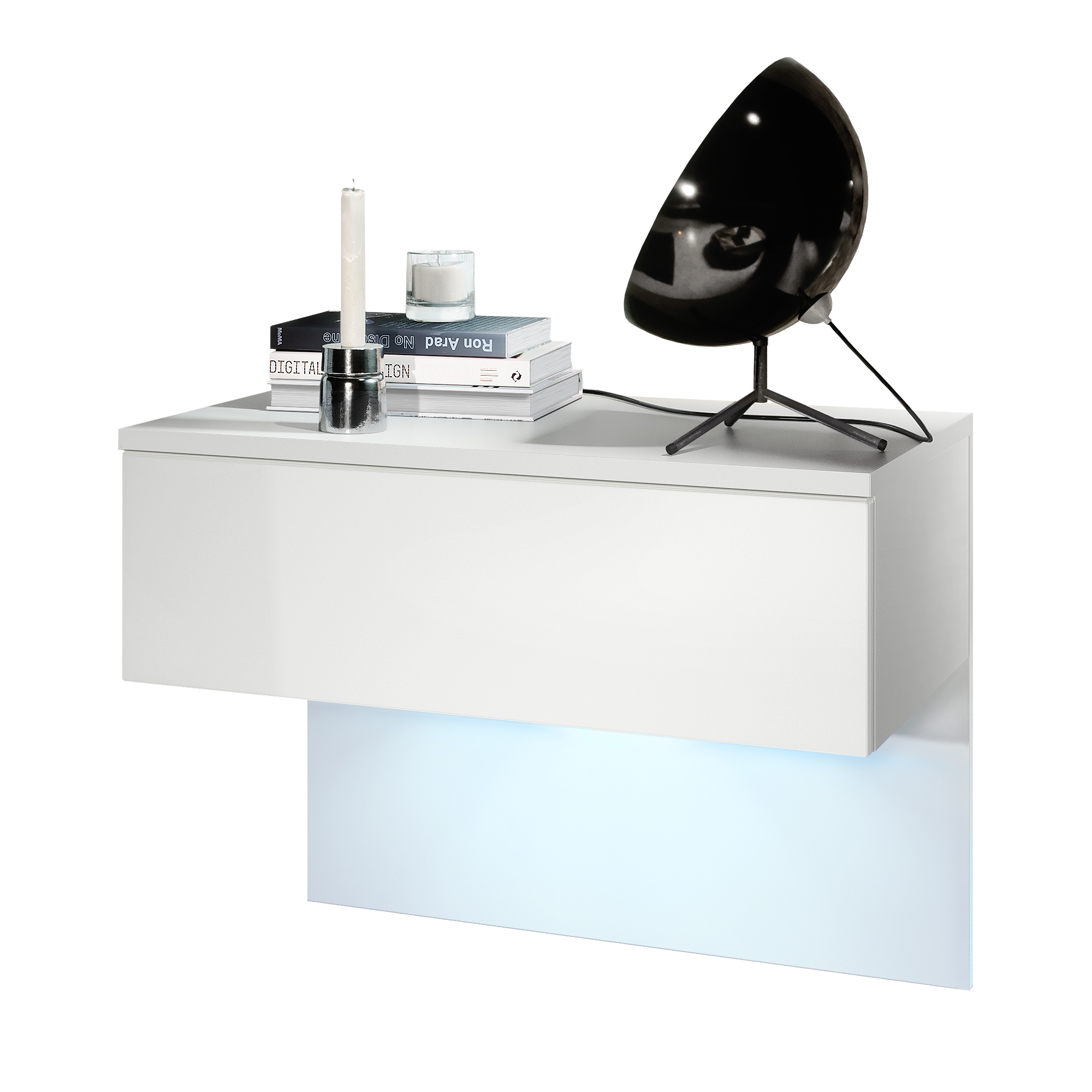Nachttisch Sleep  mit Schublade zur Wandmontage Weiß matt/Weiß matt, inkl. LED-Beleuchtung (60 x 46 x 35 cm)