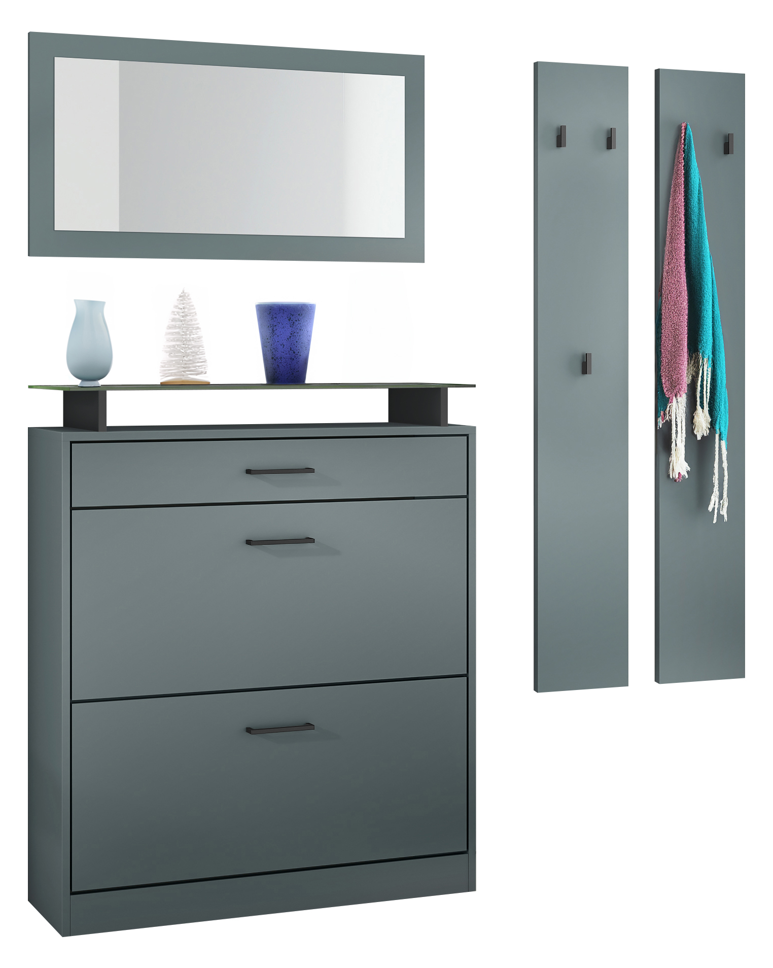 Enigma Garderobenset bestehend aus 1 Schuhschrank, 1 Wandspiegel und 2 Garderobenpaneele Fjord Grün Enigma Garderobenset bestehend aus 1 Schuhschrank, 1 Wandspiegel und 2 Garderobenpaneele Fjord Grün