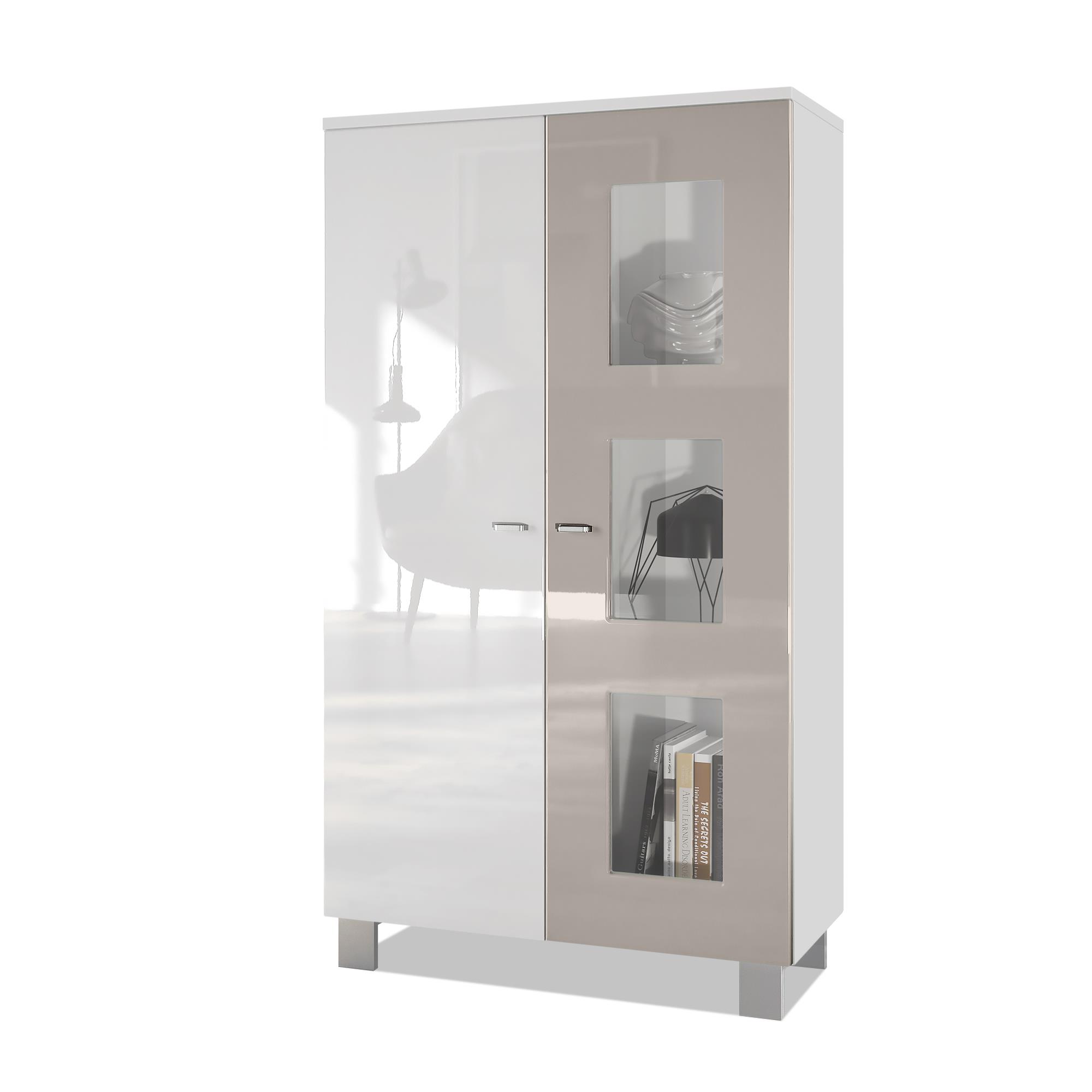 Vitrine Denjo  mit 2 Türen und 3 Glaseinsätzen Weiß matt/ Weiß Hochglanz/ Sandgrau Hochglanz (71 x 129 x 35 cm)