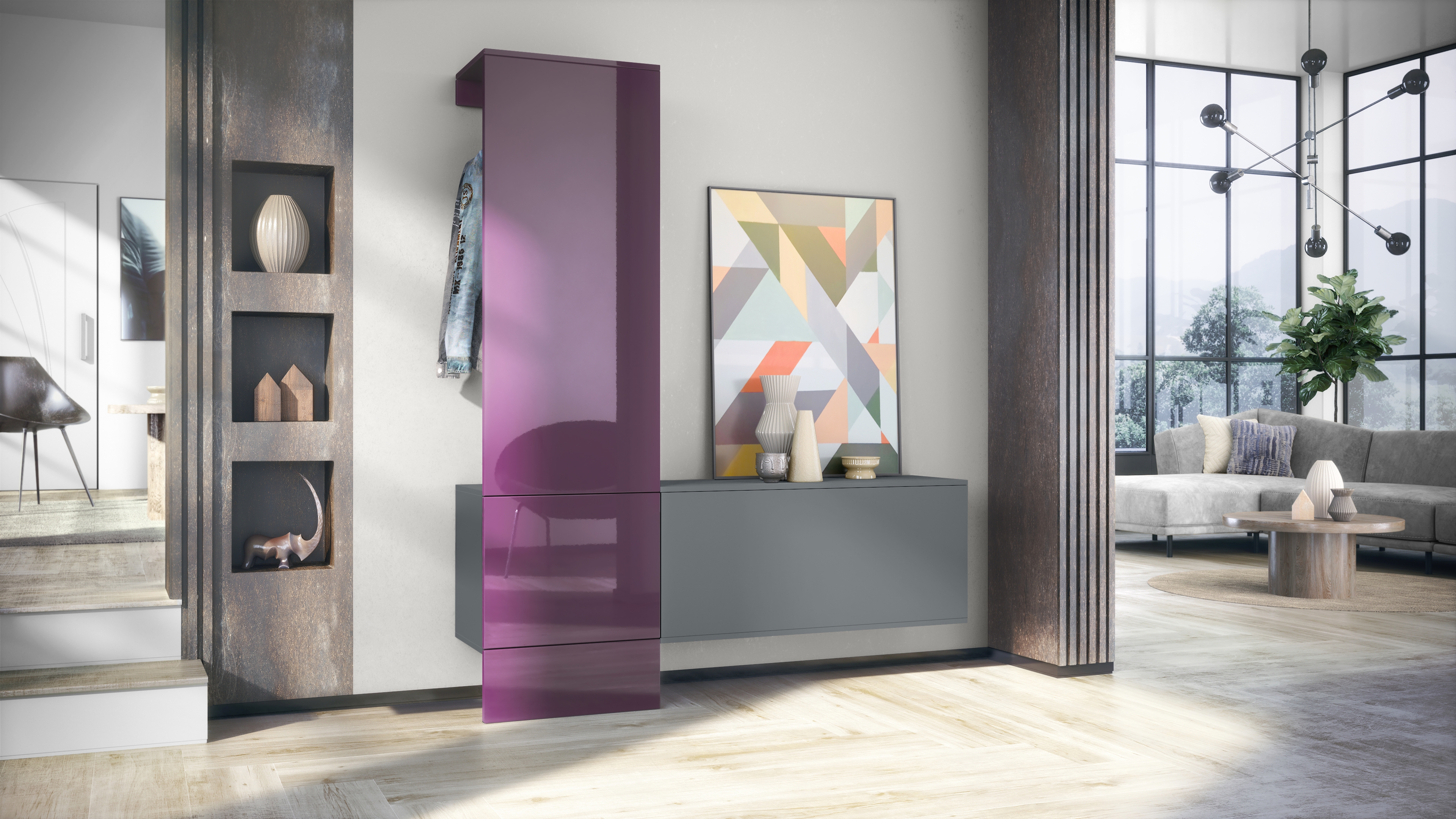 Garderobe Carlton Set 4 Anthrazit 3-tlg. 1 Paneel und 1 Schrankmodul Anthrazit matt/Brombeer Hochglanz (156,5 x 193 x 35 cm)