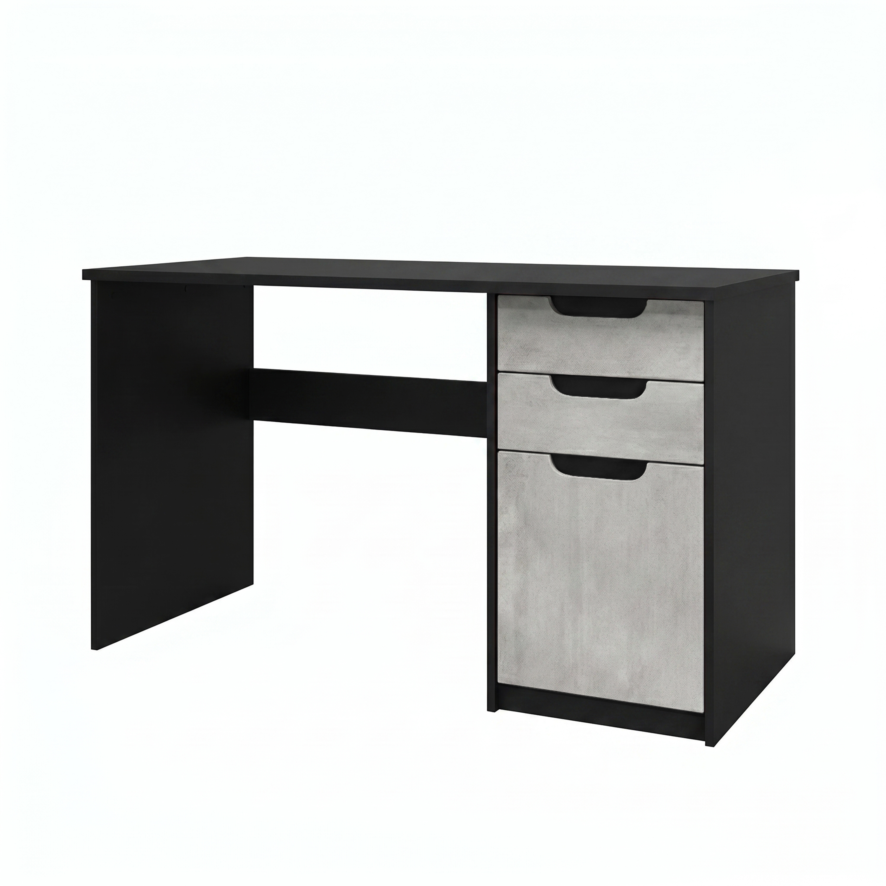 Schreibtisch Logan mit 2 Schubladen und 1 Tür Schwarz matt/Beton Oxid Optik (129 x 76 x 60 cm)
