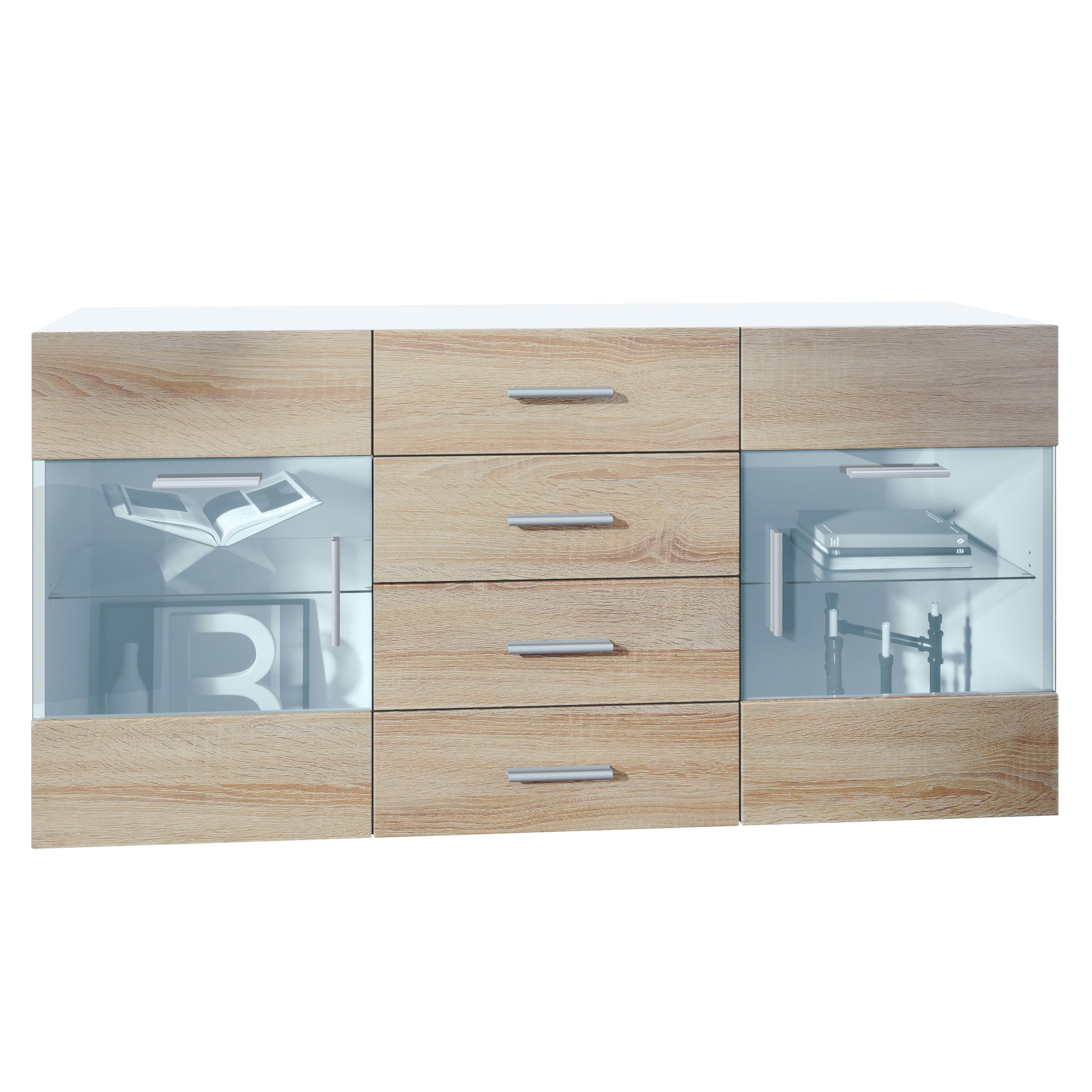 Sideboard Bari V1 ​ 4 Schubladen und 2 flexible Glaseinlegeböden Weiß matt/Eiche sägerau (139 x 72 x 35)