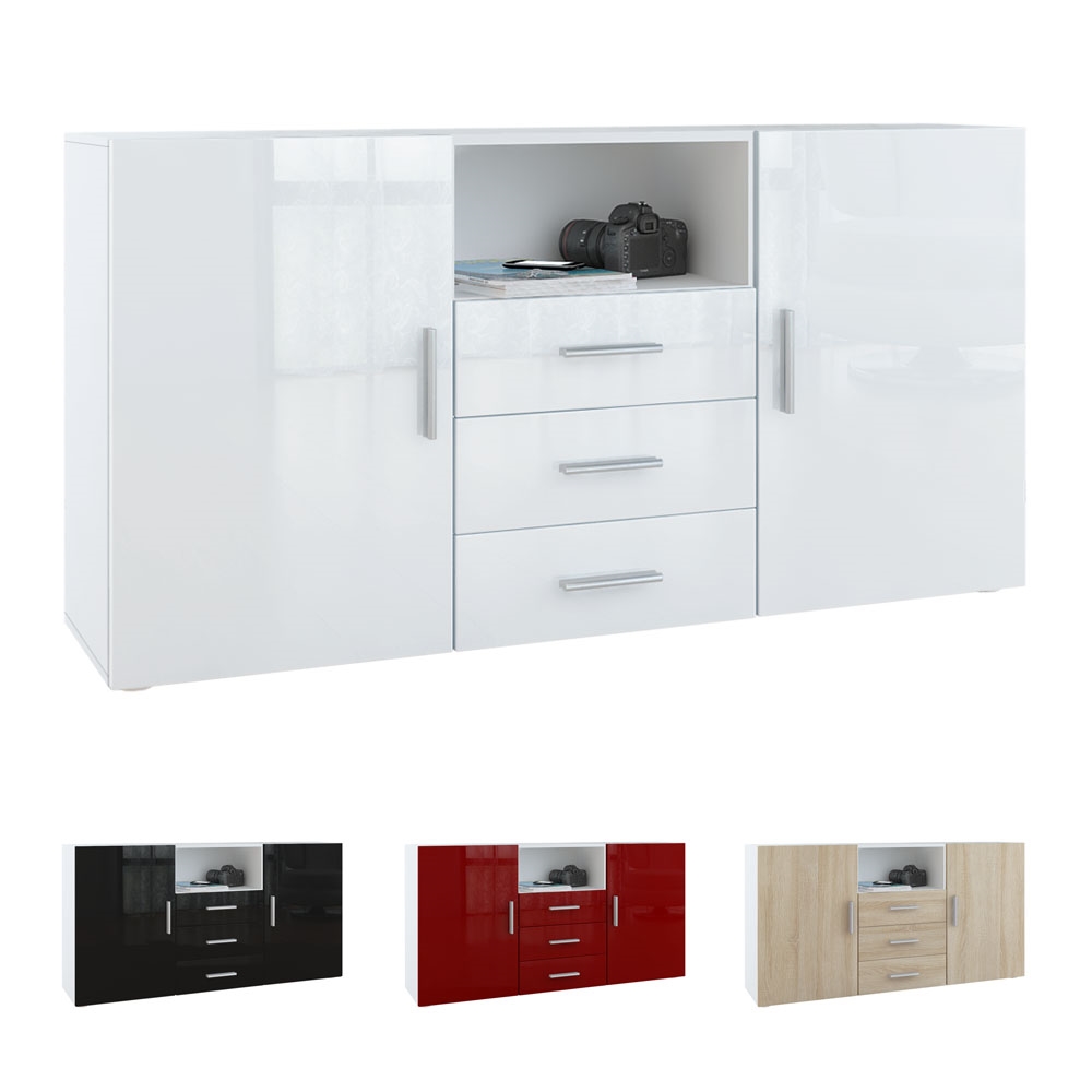 Sideboard Skadu  mit 2 Türen, 3 Schubladen und 1 offenem Fach Weiß matt/Weiß Hochglanz (138,5 x 71,5 x 35 cm)