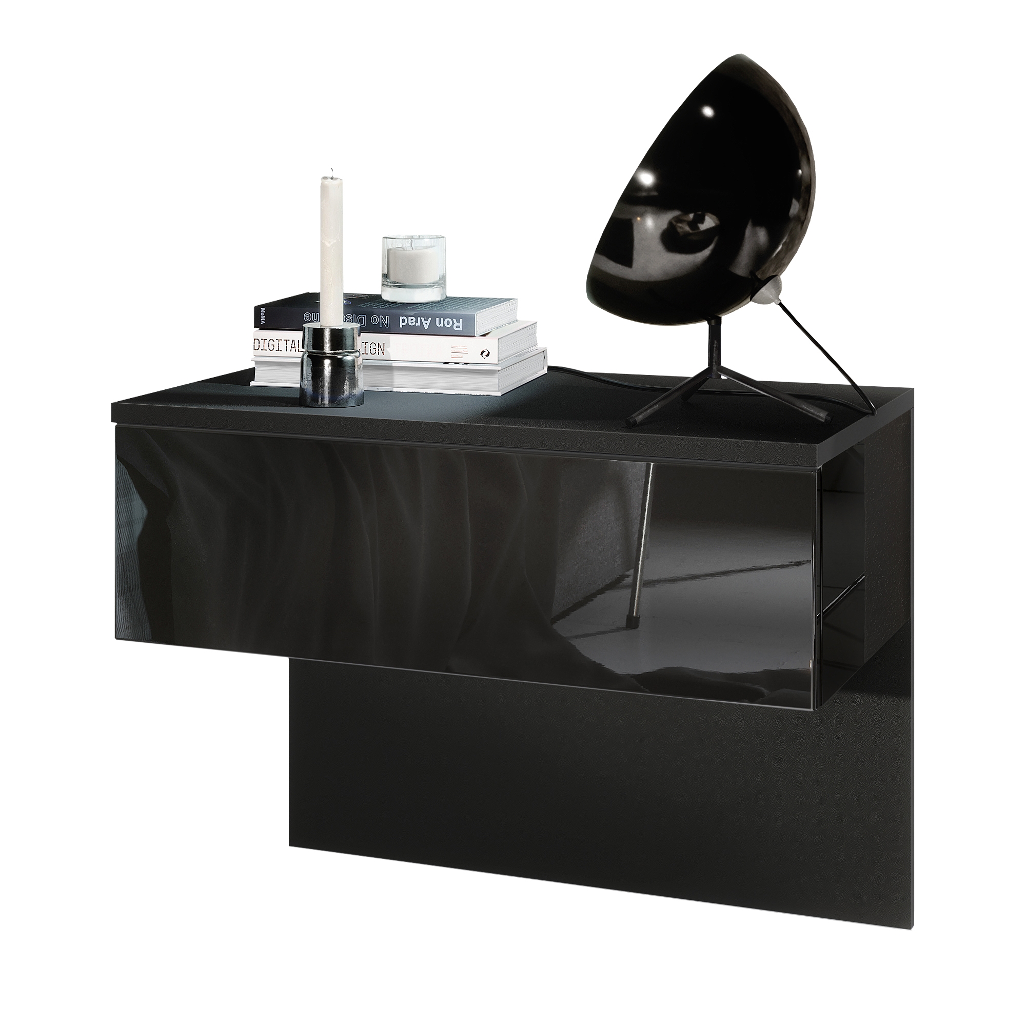 Nachttisch Sleep mit Schublade zur Wandmontage Schwarz matt/Schwarz Hochglanz (60 x 46 x 35 cm)
