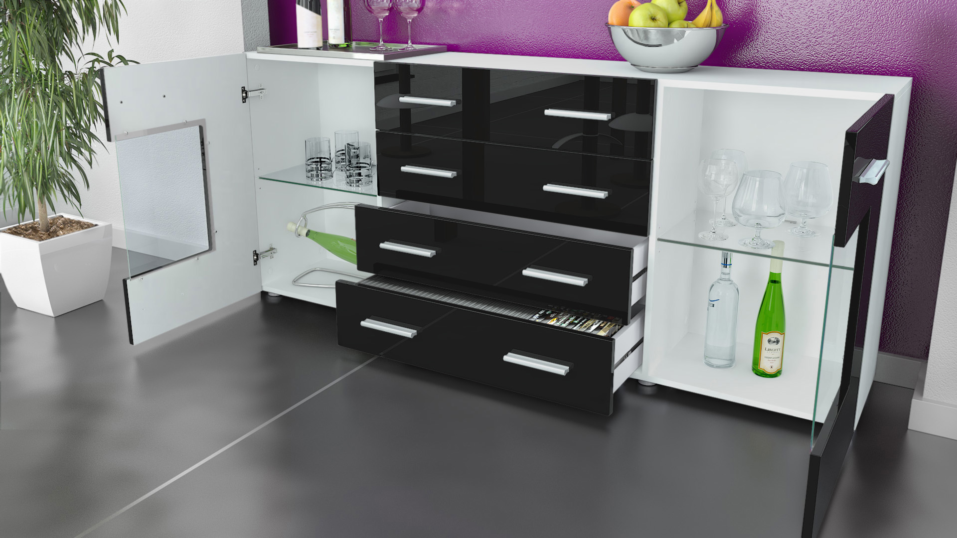Sideboard Grömitz V2 4 Schubladen und 2 flexible Glaseinlegeböden Schwarz matt/Creme Hochglanz (166 x 72 x 35)