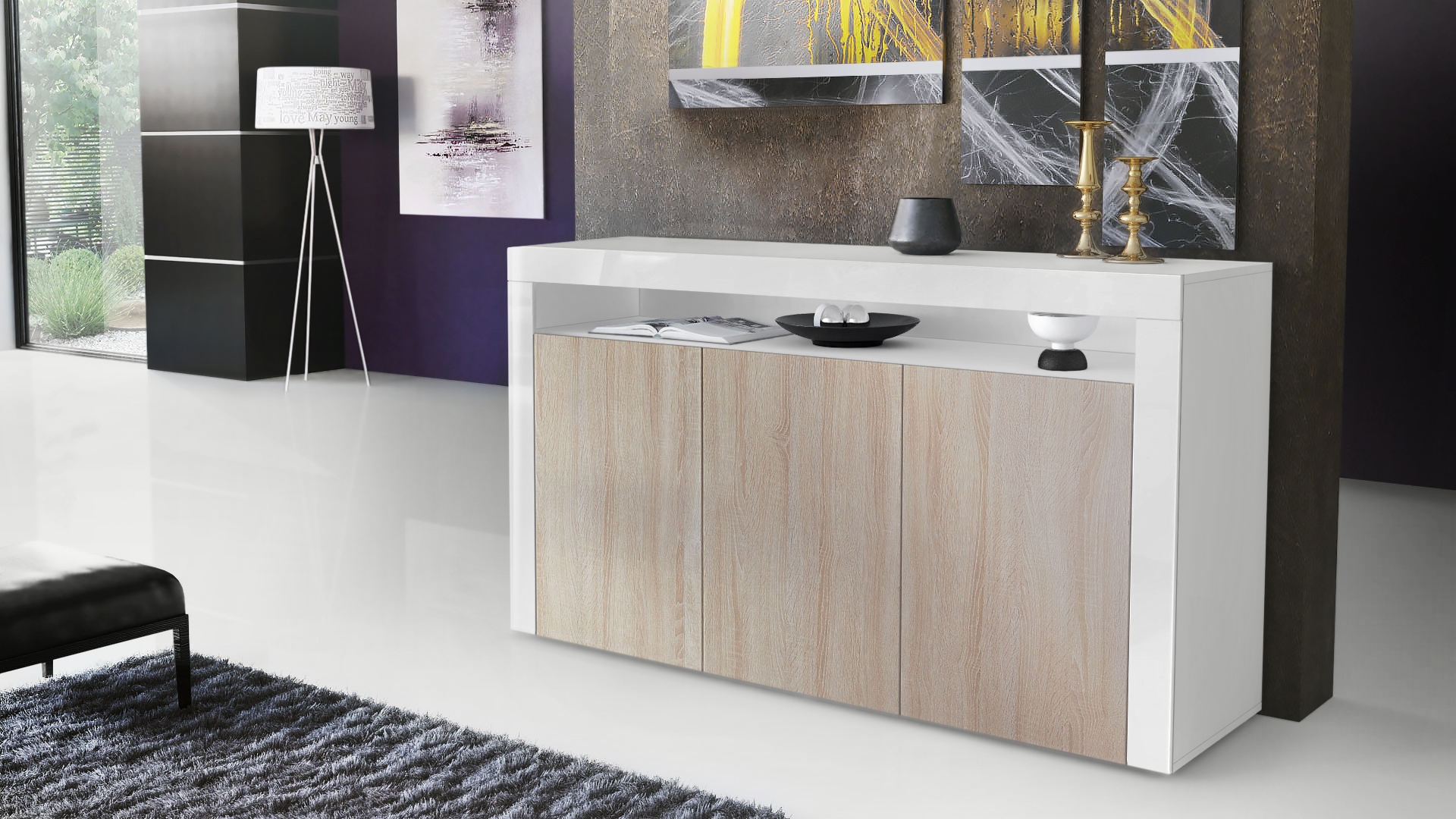 Sideboard Valencia mit 3 Türen und 1 offenem Fach Weiß / Eiche sägerau/ (155 x 92 x 40 cm)