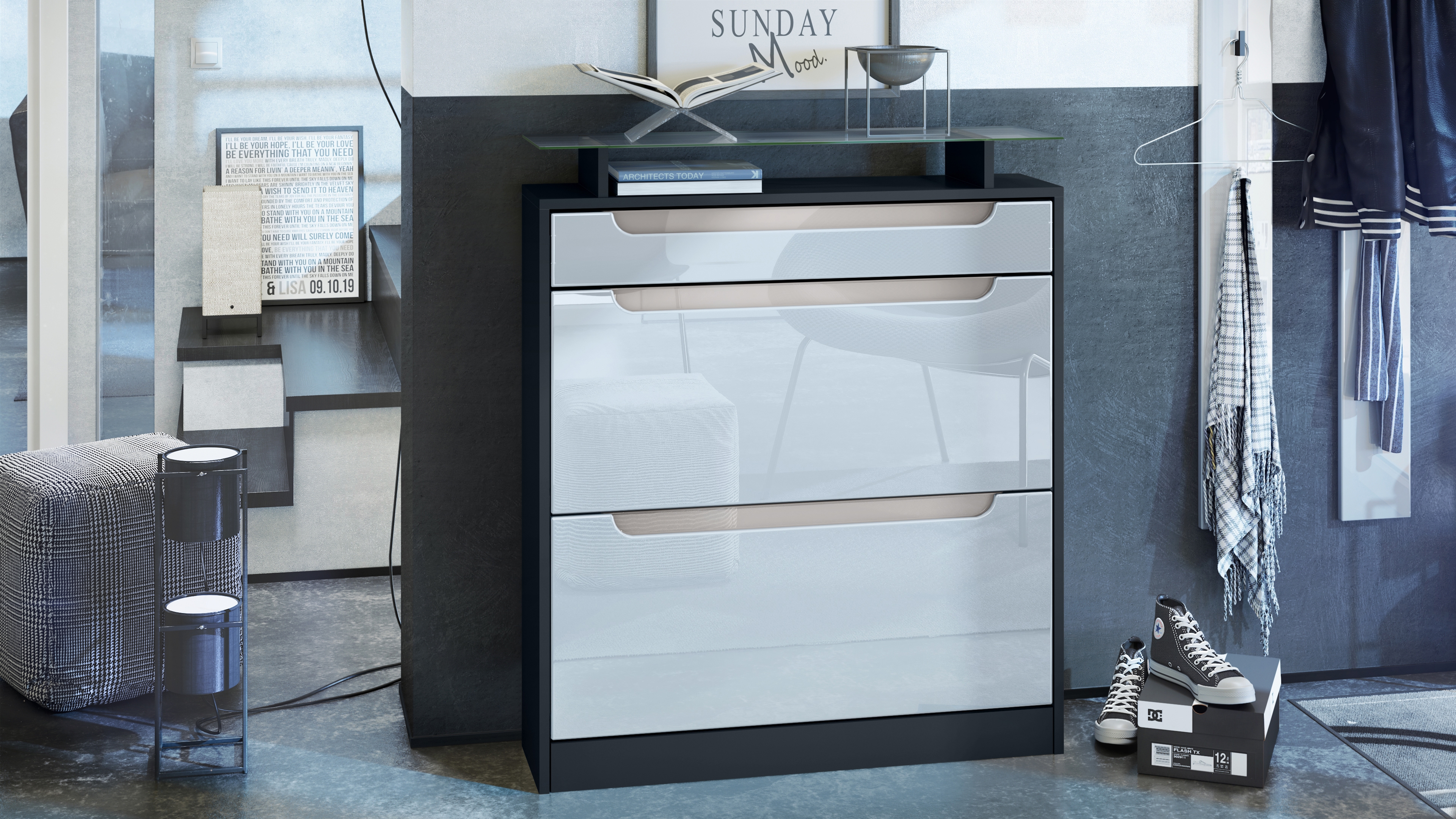 Fiesta Schuhschrank mit 2 Klappen, 1 Schublade und Glasablage Schwarz matt/Weiß glänzend, Mulden in Sandgrau glänzend (89x104x23 cm)