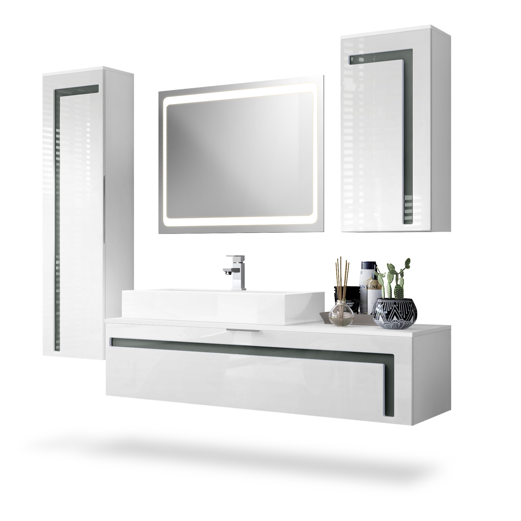 Badmöbel Set Aloha 6-tlg. LED-Spiegel und 1 Waschbecken mit Armatur Weiß matt/Weiß glänzend, Absetzungen in Grau glänzend (‎210x51x185 cm)