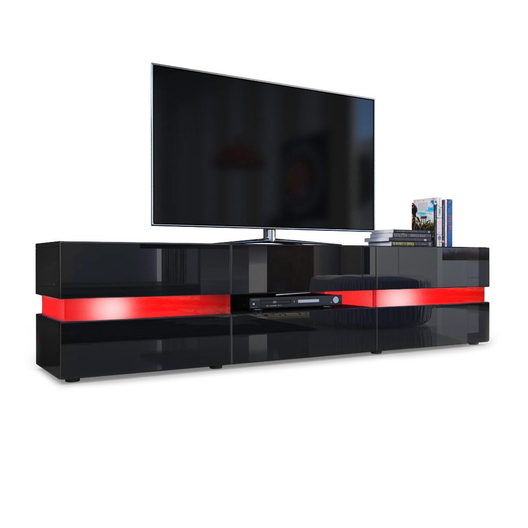 Lowboard Flow mit 2 Türen, 1 Schublade und 1 Klappe Schwarz matt/Schwarz Hochglanz, inkl. LED-Beleuchtung (177x45x39 cm)