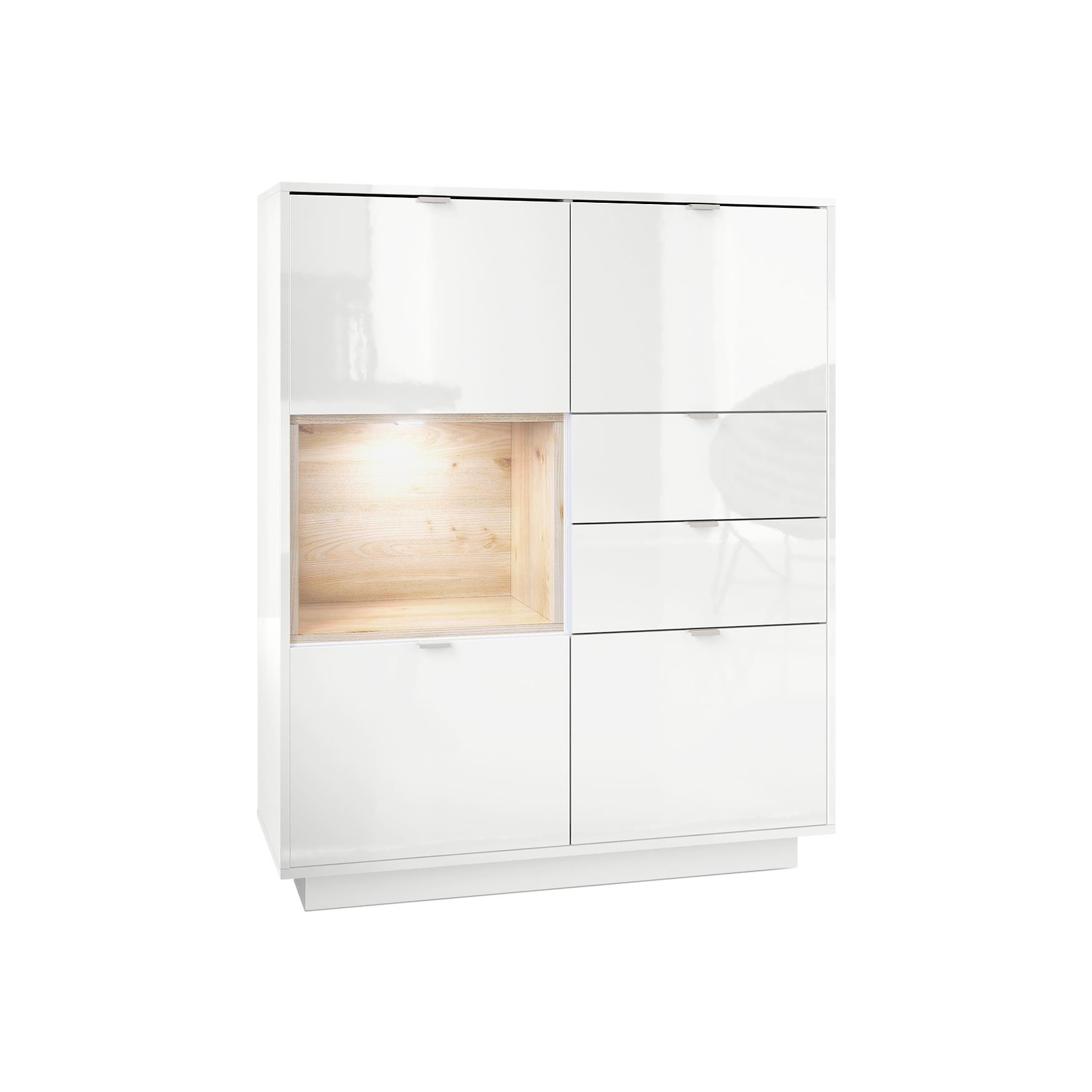 Highboard Metro  mit 4 Türen, 2 Schubladen und 1 offenem Fach Weiß Hochglanz/Eiche Nordic inkl. LED Beleuchtung (103 x 123 x 38 cm)