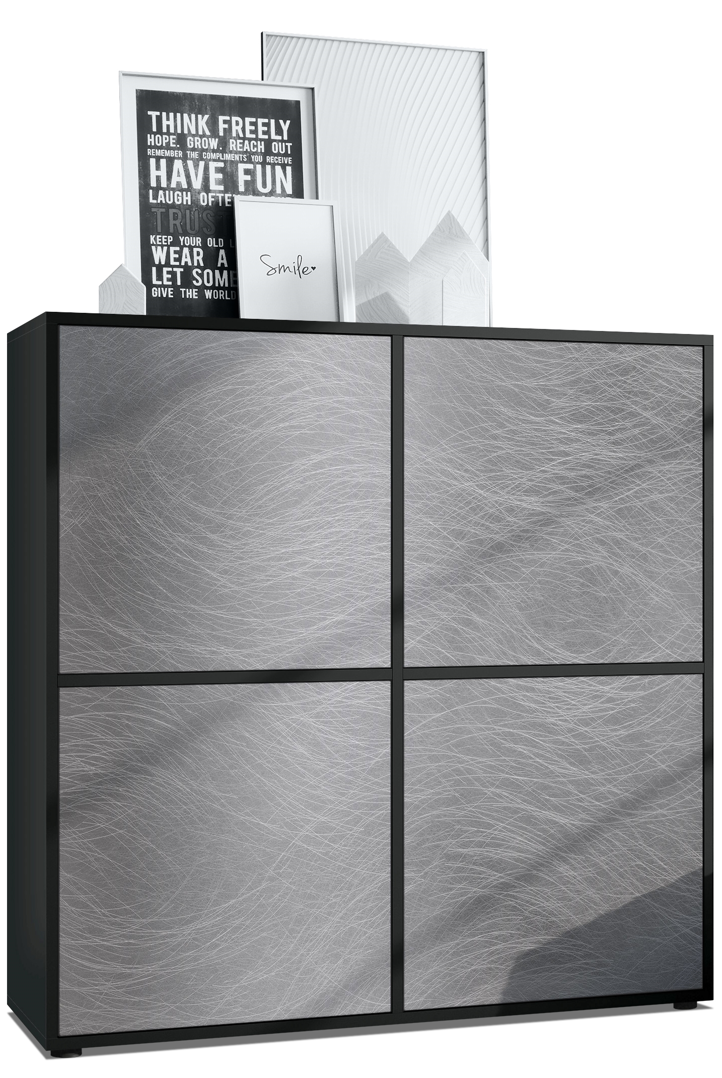 Highboard Cuba V2 104 x 105,5 x 35,5 cm Sideboard mit 8 Fächern Korpus in Schwarz matt / Fronten in Scratchy metal