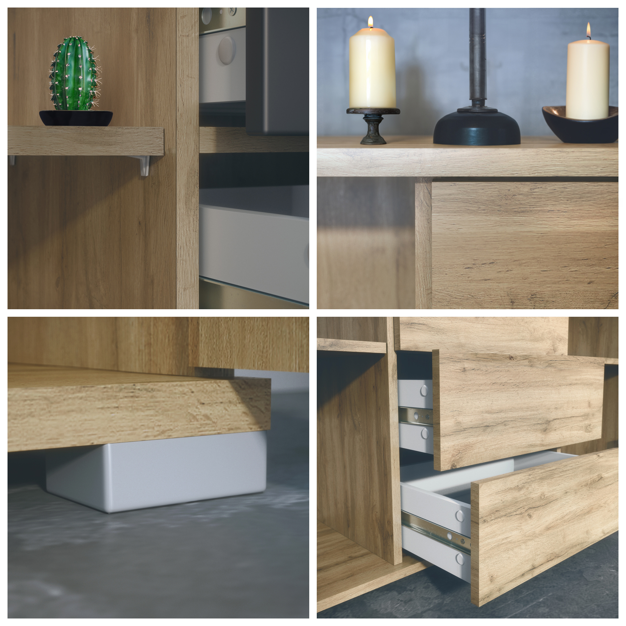 Sideboard Rova V1 4 Schubladen, Made in Germany, Eiche Evoke/Grau Hochglanz (138,5 x 75,5 x 35)