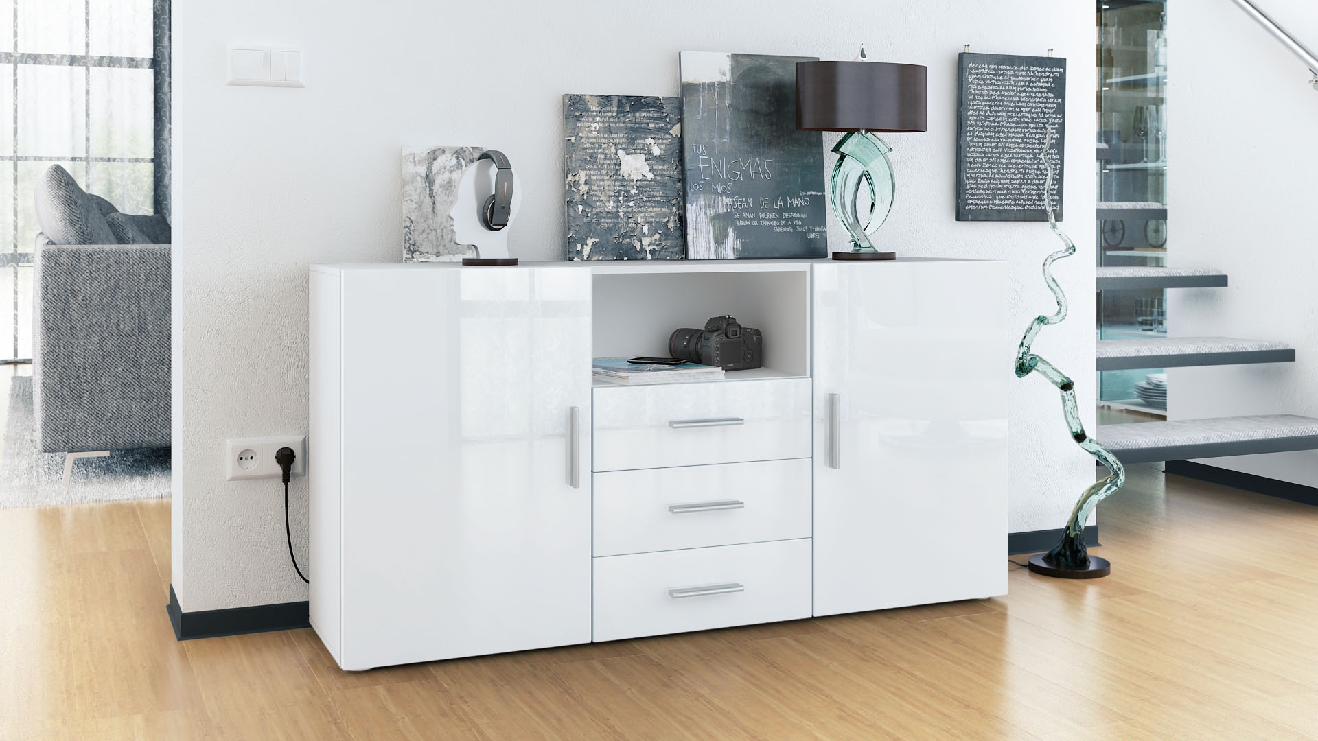 Sideboard Skadu  mit 2 Türen, 3 Schubladen und 1 offenem Fach Weiß matt/Weiß Hochglanz (138,5 x 71,5 x 35 cm)