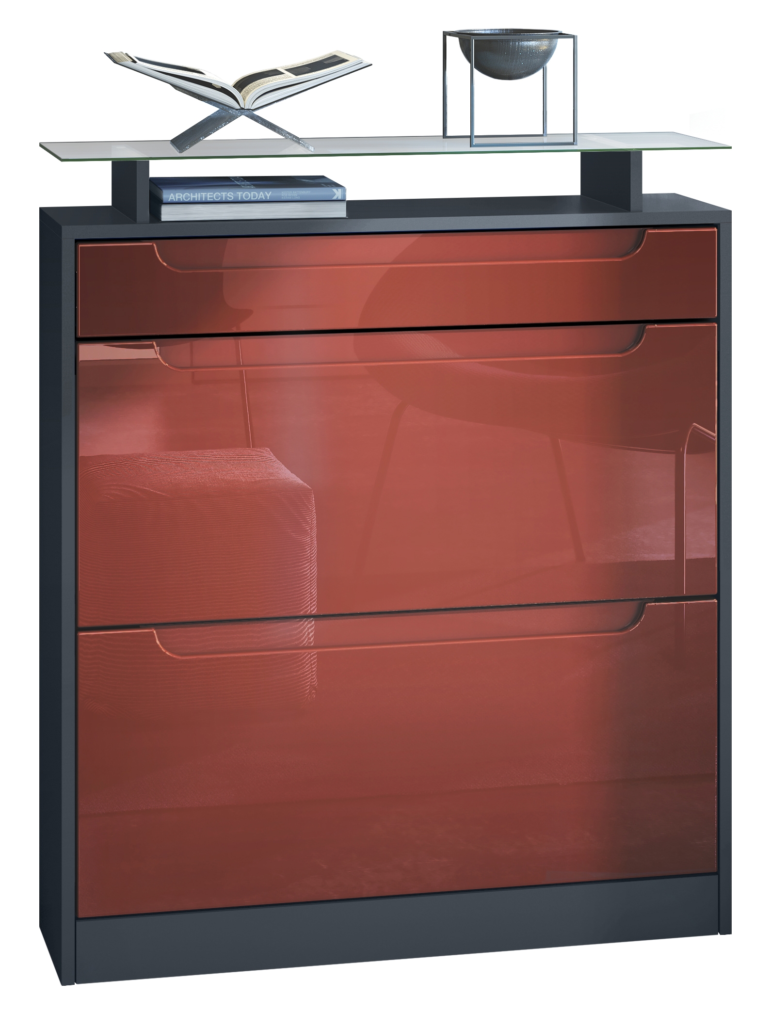 Schuhschrank Fiesta mit 2 Klappen, Schublade und Glasablage Anthrazit matt/Bordeaux glänzend/Bordeaux glänzend (89x104x23 cm)