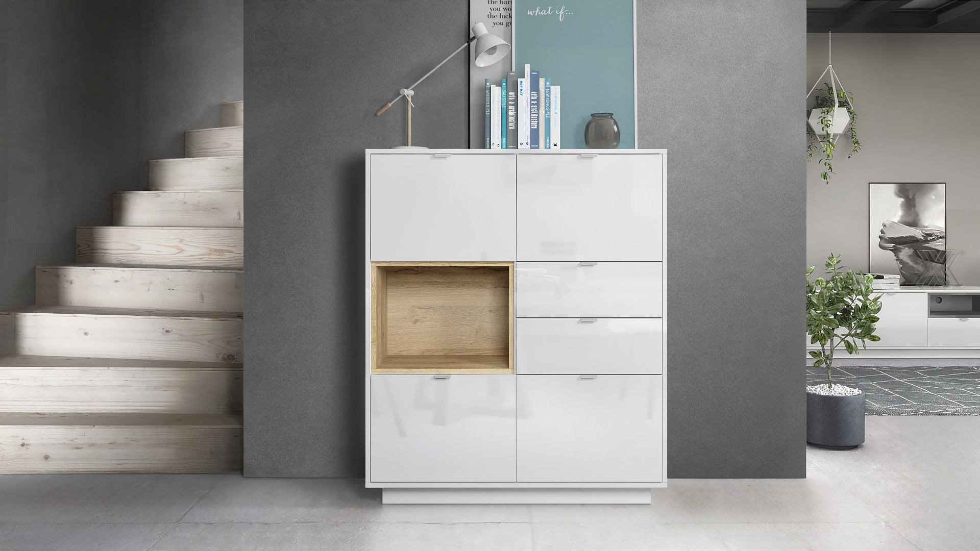 Highboard Metro  mit 4 Türen, 2 Schubladen und 1 offenem Fach Weiß Hochglanz/Eiche Natur (103 x 123 x 38 cm)