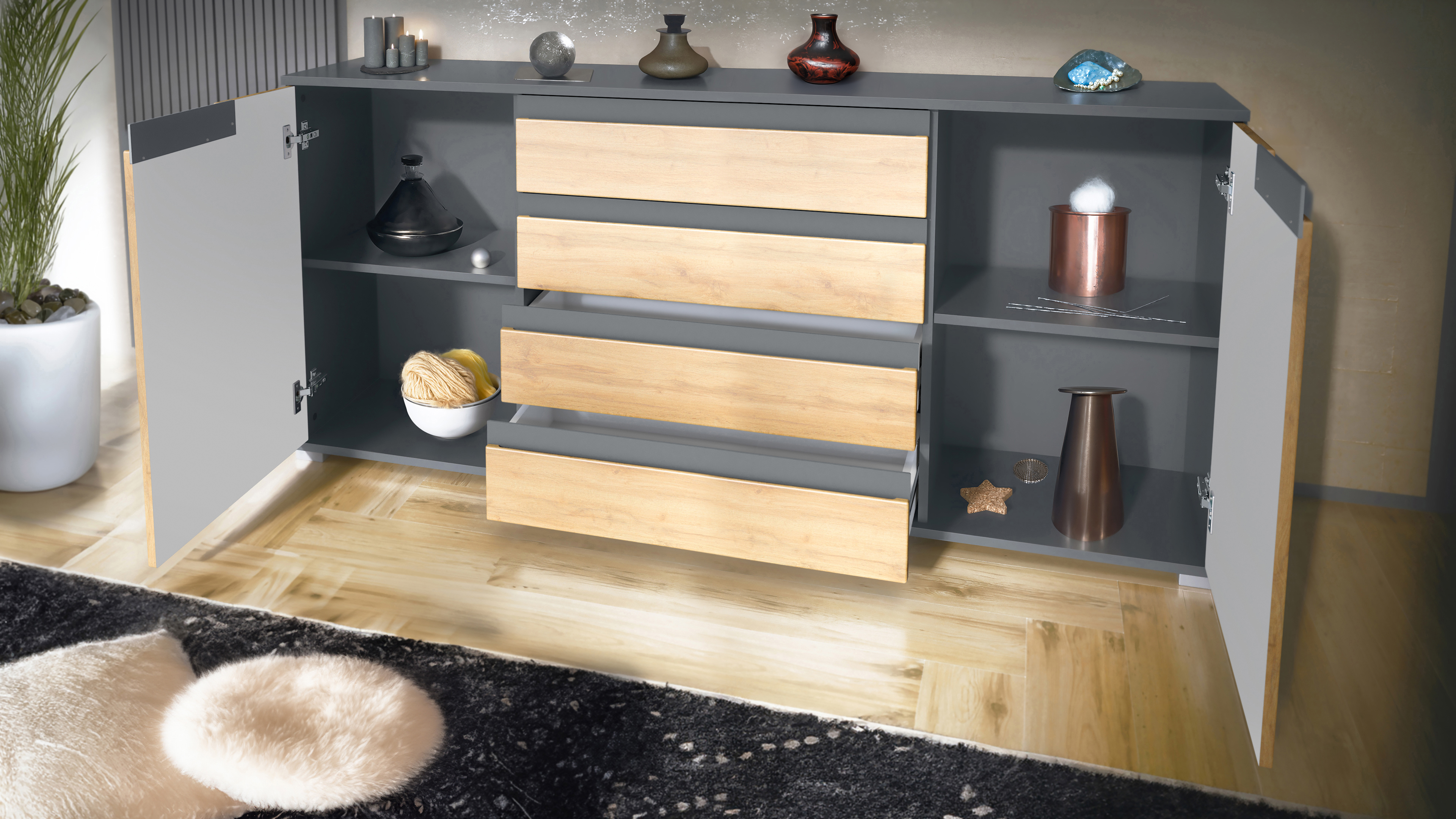 Sideboard Sylt V2 Anthrazit Korpus - Anthrazit matt / Front - Bordeaux Hochglanz / Absetzung - Weiß Hochglanz (166,5 x 75,5 x 35 cm)