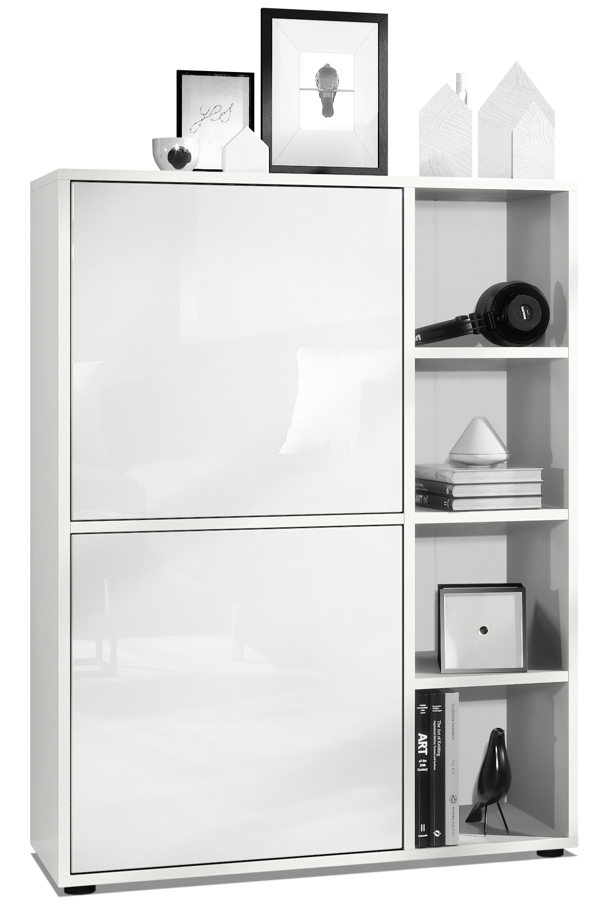 Highboard Cuba  mit 2 Türen und 4 offene Fächer Weiß matt/Weiß Hochglanz (79 x 105,5 x 35,5 cm) Highboard Cuba  mit 2 Türen und 4 offene Fächer Weiß matt/Weiß Hochglanz (79 x 105,5 x 35,5 cm)