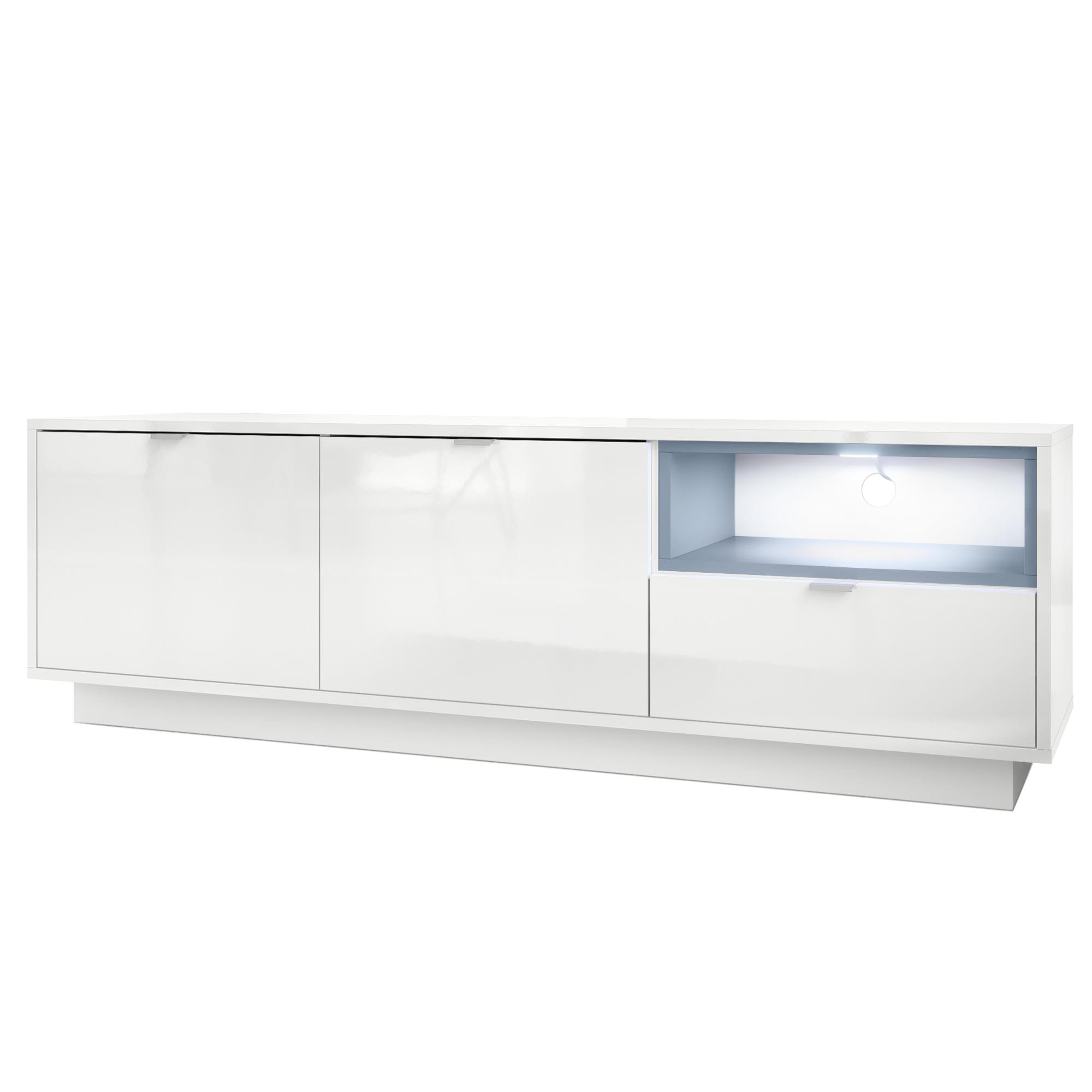 Lowboard Metro  mit 2 Türen, Schublade und offenem Fach Weiß Hochglanz/Denim matt inkl. LED-Beleuchtung (153 x 48 x 37 cm)