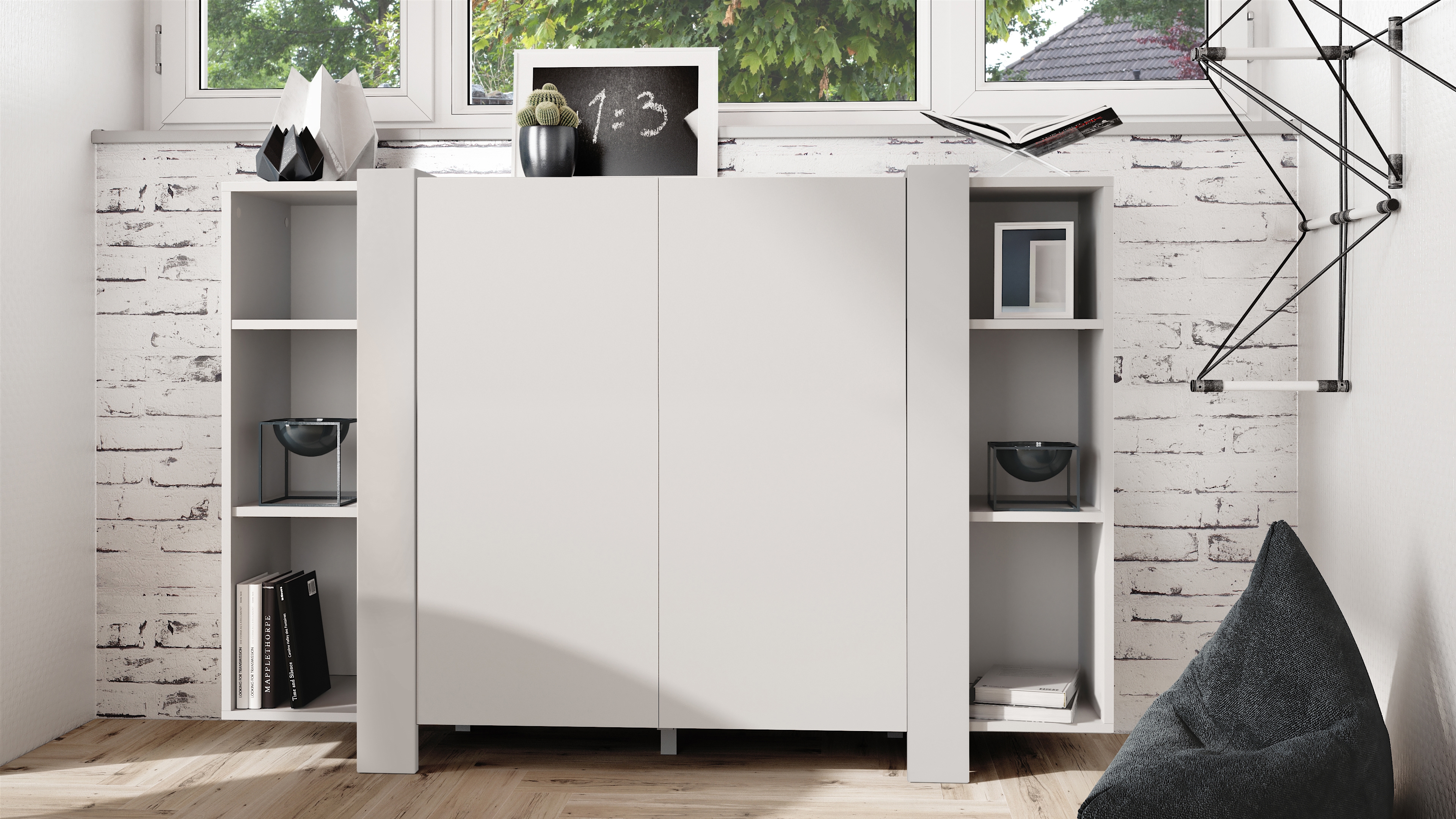 Highboard Ida V2 Weiß mit 2 Türen und 6 offene Fächer Weiß matt/Weiß matt (149 x 101 x 34 cm)
