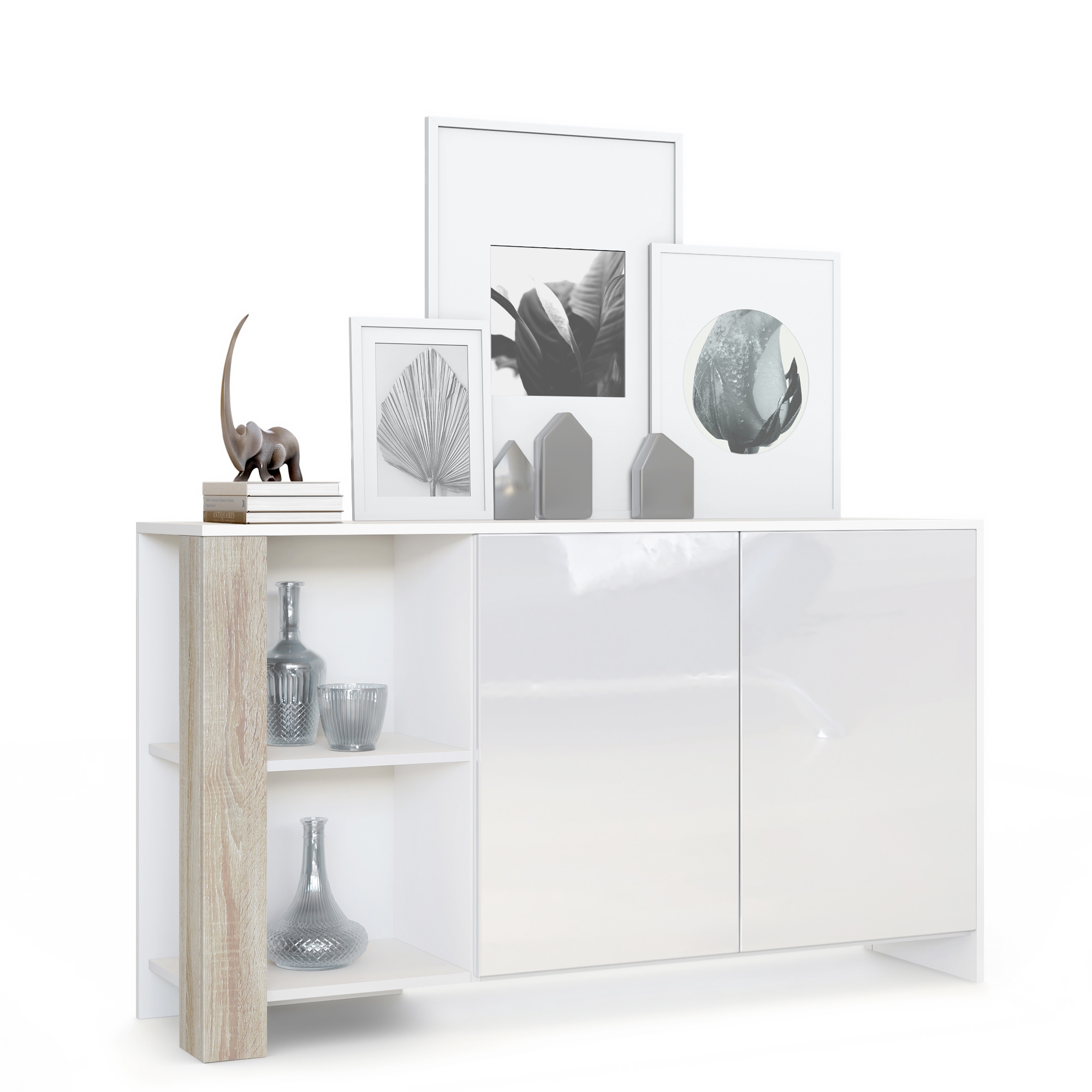 Sideboard Canto mit 2 Türen und 6 Fächern Weiß matt, Weiß Hochglanz, Eiche sägerau