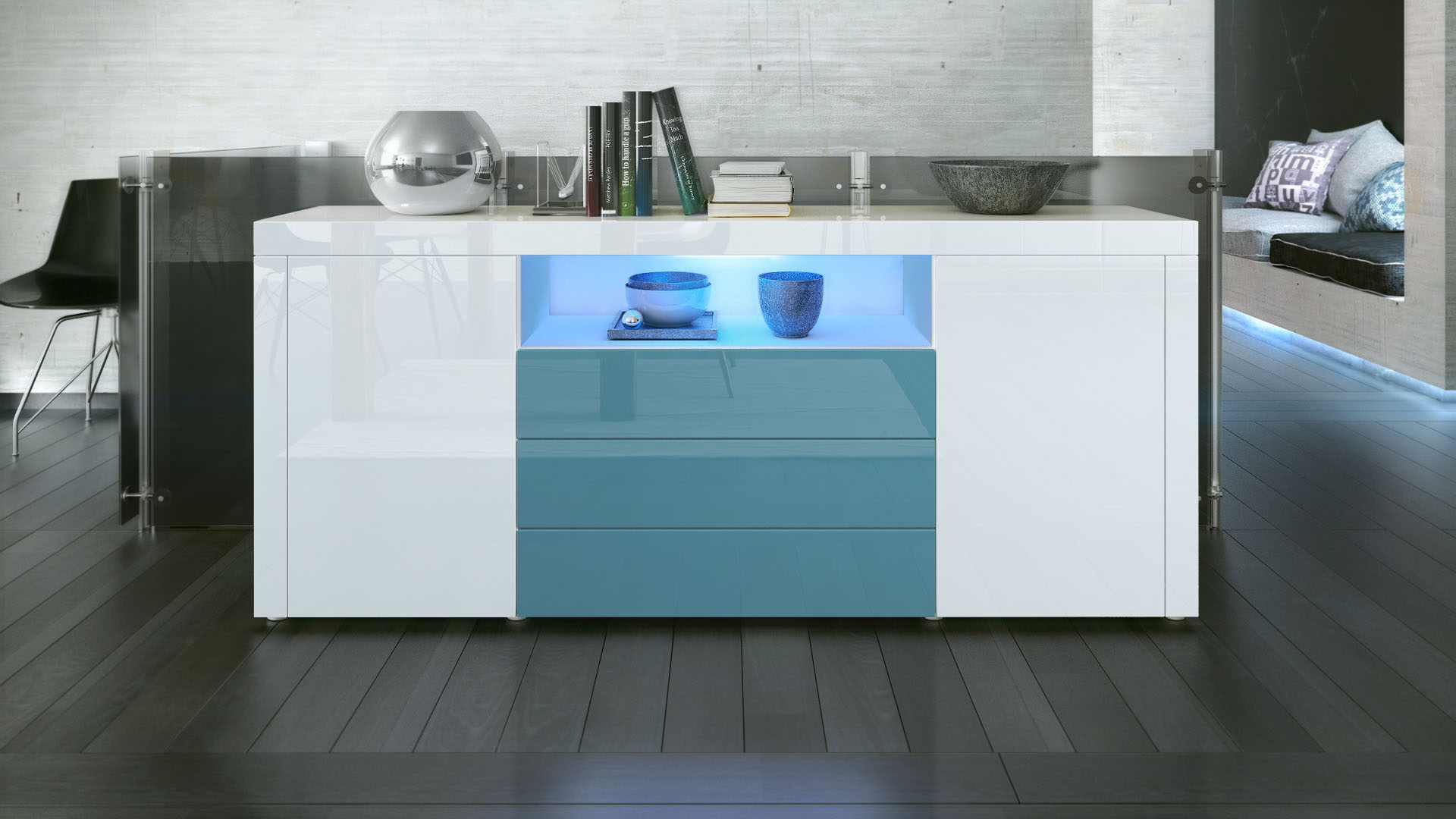 Sideboard Santiago mit 2 großen Türen und 3 Schubladen Weiß Hochglanz/Petrol Hochglanz (167 x 72 x 35 cm)