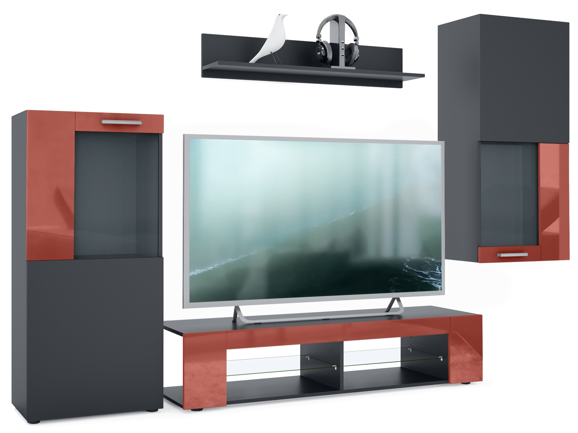 Wohnwand Movie 4-tlg. Schwarz   bestehend aus 1 TV-Board, 2 Vitrinen und 1 Regal Schwarz matt/Schwarz matt/Bordeaux Hochglanz (Gesamt: 300x190x39 cm)
